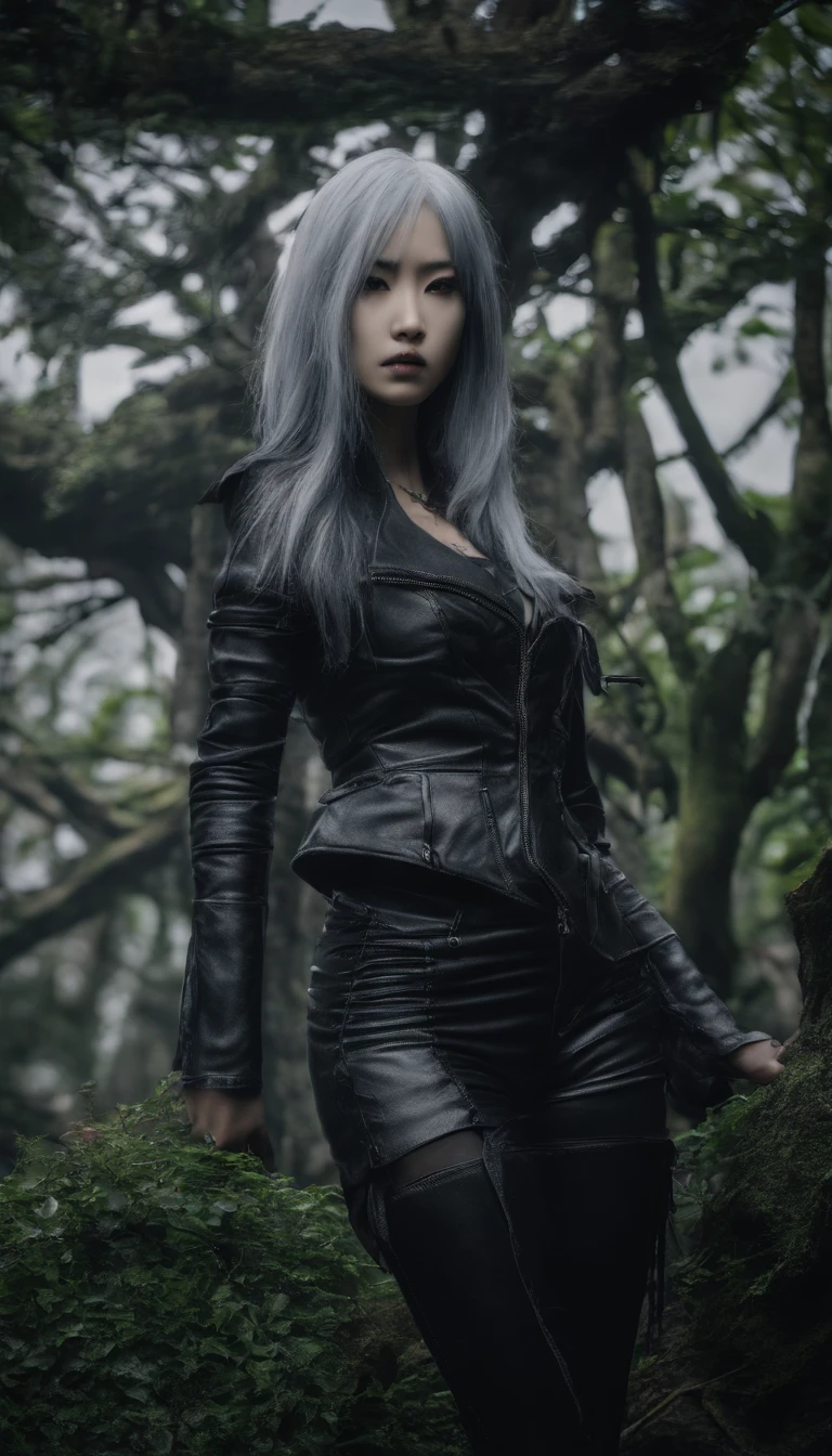 (Girl in the garden,)Dark, mizore, Gothic girl, Seductive gaze, of taiwanese girl with tattoos, Black leather jacket, Korean girl, Black bra, signatures, Long silver hair,Seductive style, seductive cyberpunk dark fantasy, Sexy outfit, Seductive girl, Extremely sexy clothing, Asian girl, Charming Chinese model, Sexy hot body, Seductive gaze shots, character is standing, submission, full body shot of. (Best quality, 4K, 8K, A high resolution, Masterpiece:1.2), Ultra-detailed, (Realistic, Photorealistic, photo-realistic:1.37), hdr, hyper HD, Studio lighting, Ultra-fine painting, Sharp focus, Physically-based rendering, Extreme detail description, professional, Vivid colors, Bokeh, sportrait, An enticing color palette, Dramatic lighting.
