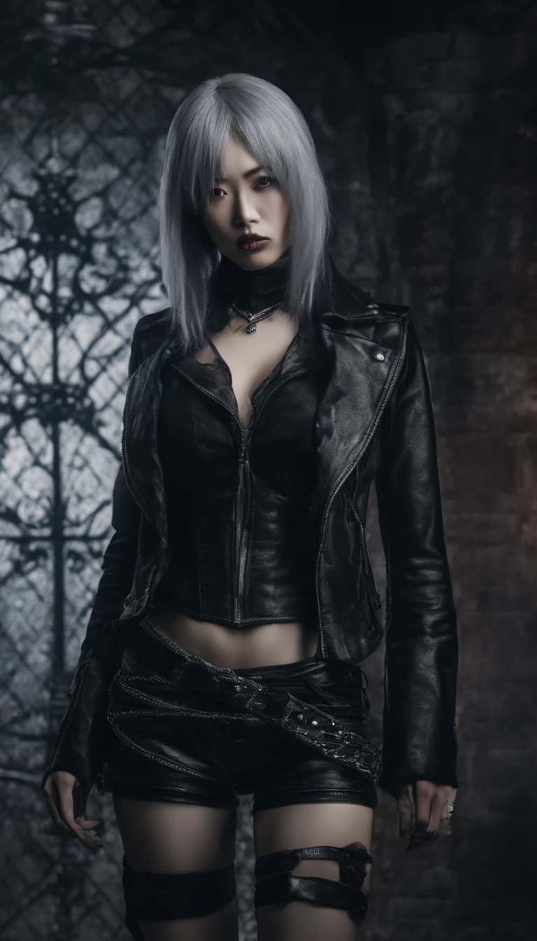 (Girl in the garden,)Dark, mizore, Gothic girl, Seductive gaze, of taiwanese girl with tattoos, Black leather jacket, Korean girl, Black bra, signatures, Long silver hair,Seductive style, seductive cyberpunk dark fantasy, Sexy outfit, Seductive girl, Extremely sexy clothing, Asian girl, Charming Chinese model, Sexy hot body, Seductive gaze shots, character is standing, submission, full body shot of. (Best quality, 4K, 8K, A high resolution, Masterpiece:1.2), Ultra-detailed, (Realistic, Photorealistic, photo-realistic:1.37), hdr, hyper HD, Studio lighting, Ultra-fine painting, Sharp focus, Physically-based rendering, Extreme detail description, professional, Vivid colors, Bokeh, sportrait, An enticing color palette, Dramatic lighting.