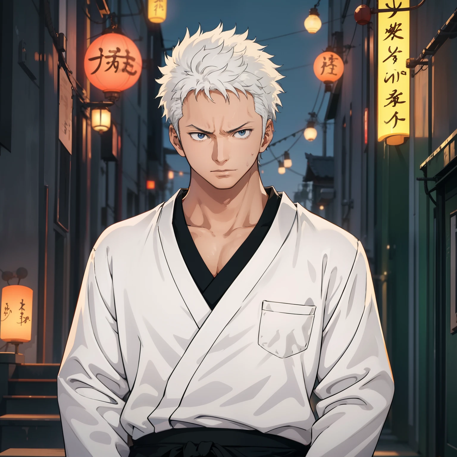 1boy, glowing, sidelighting, wallpaper,masterpiece, best quality, high quality,yo,  male focus, full body, looking at viewer, white hair,spiky hairstyle, short hair, steam smork, japan style, anime coloring, shy, home muji style, detailed face, topless, white towel on waist,white silk, outdoor, sweat chracter sheet