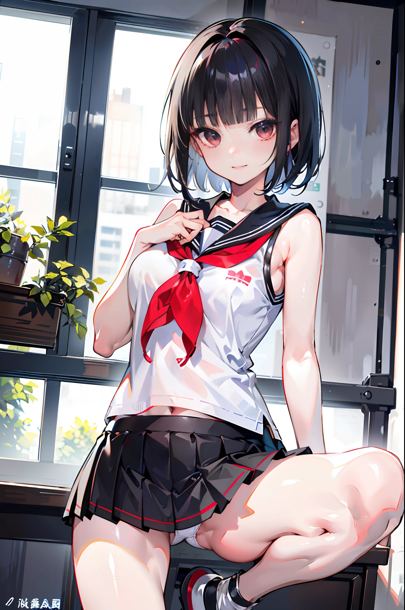(top-quality、8K、32K、tmasterpiece、NFFSW、超A high resolution、Impresionismo、Photorealsitic:1.2)、Colossal tits、cow boy shot, detailed faces and eyes、 inside a classroom、schools、Evening glow、beauitful face、blurred back、-yeld beiful girl、shiny skins、short-hair、Beautiful black hair、Blunt bangs、Red eye、(Katyusha:1.2)、a sailor suit、Pleated miniskirt、curves、on one knee、(I can see panties:1.2)、mouth open smile、opening legs、