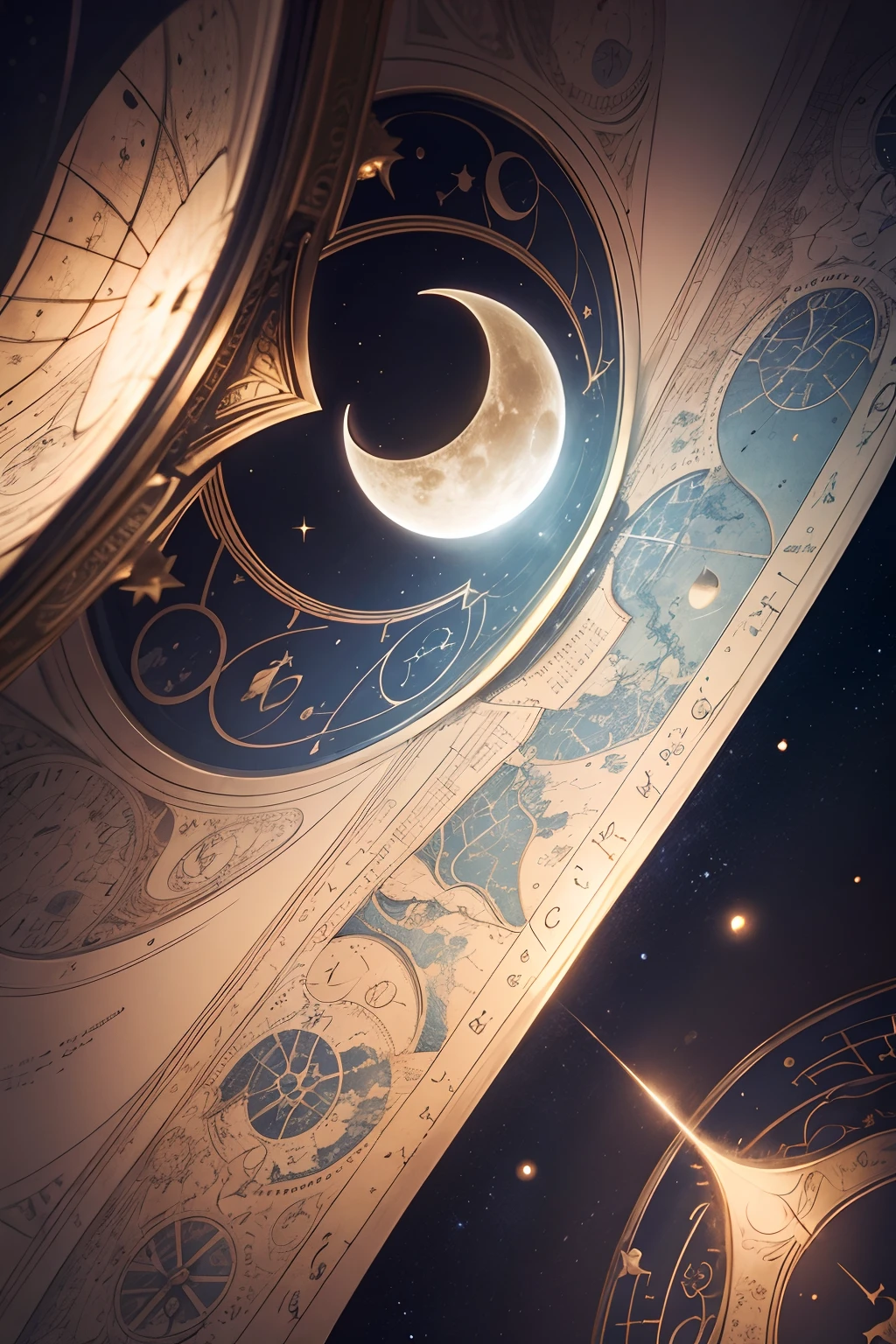 centered crescent moon, magical moon, fantasy, astronomer's map, plotting routes between the stars, space exploration, arcane, parabolic designs