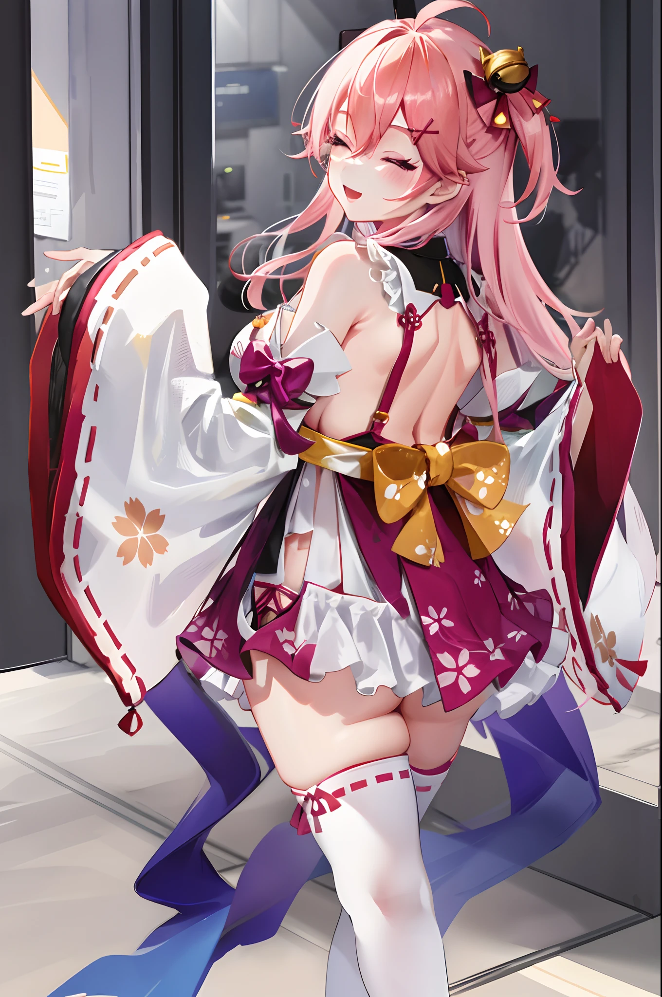 masterpiece, best quality, highres, miko1, sakura_miko, 1girl, big_boobs, solo, ahoge, x_hair_ornament, pink_hair, floral print, hairclip,(side_less_clothes:1.5), (side_boobs:1.5), hair_bell, floral print, long_hair, hair between eyes, one side up, white thighhighs, asymmetrical legwear, wide sleeves, open_mouth,(happy:1.3),close_eyes,big_smile,rising_leg,plump,apart_legs,(overly_long_sleeves:1.3),(beautiful_fingers),sleeves_past_wrists,hands_hidden_sleeves,sidelock_clothes,dynamic_posing,solo,hidden_wrists,(XD:1.4),