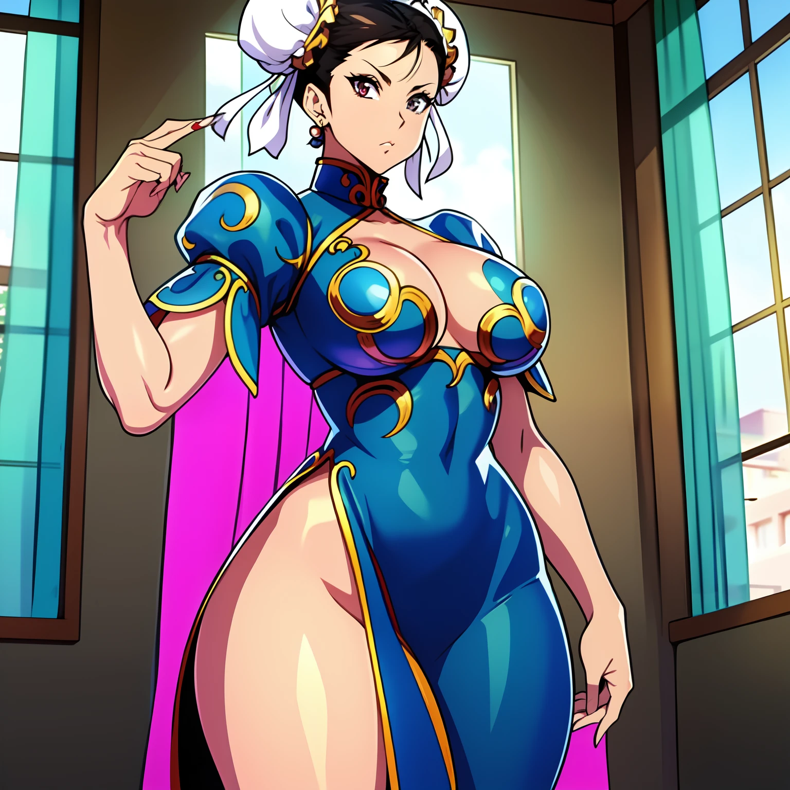 Chun-li, large breasts, pink , standing, facing the viewer, high quality, perfect anatomy, beautiful face, decor blue curtain, covering a window, anime style