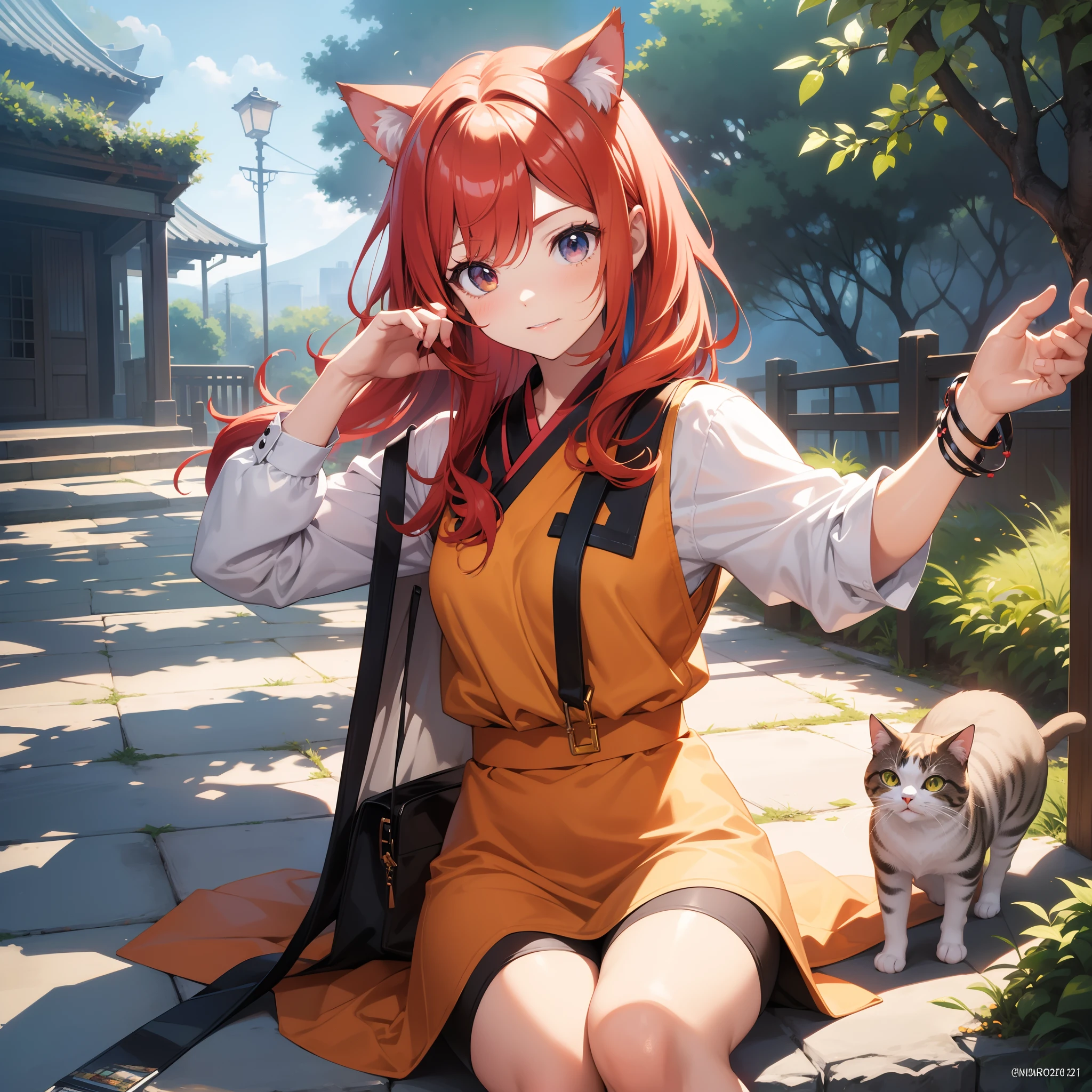 masterpiece girl with cat ears, redhead, anime girl, cute, cat girl, vibrant colors, entusiastic, asian girl, anime, manga style