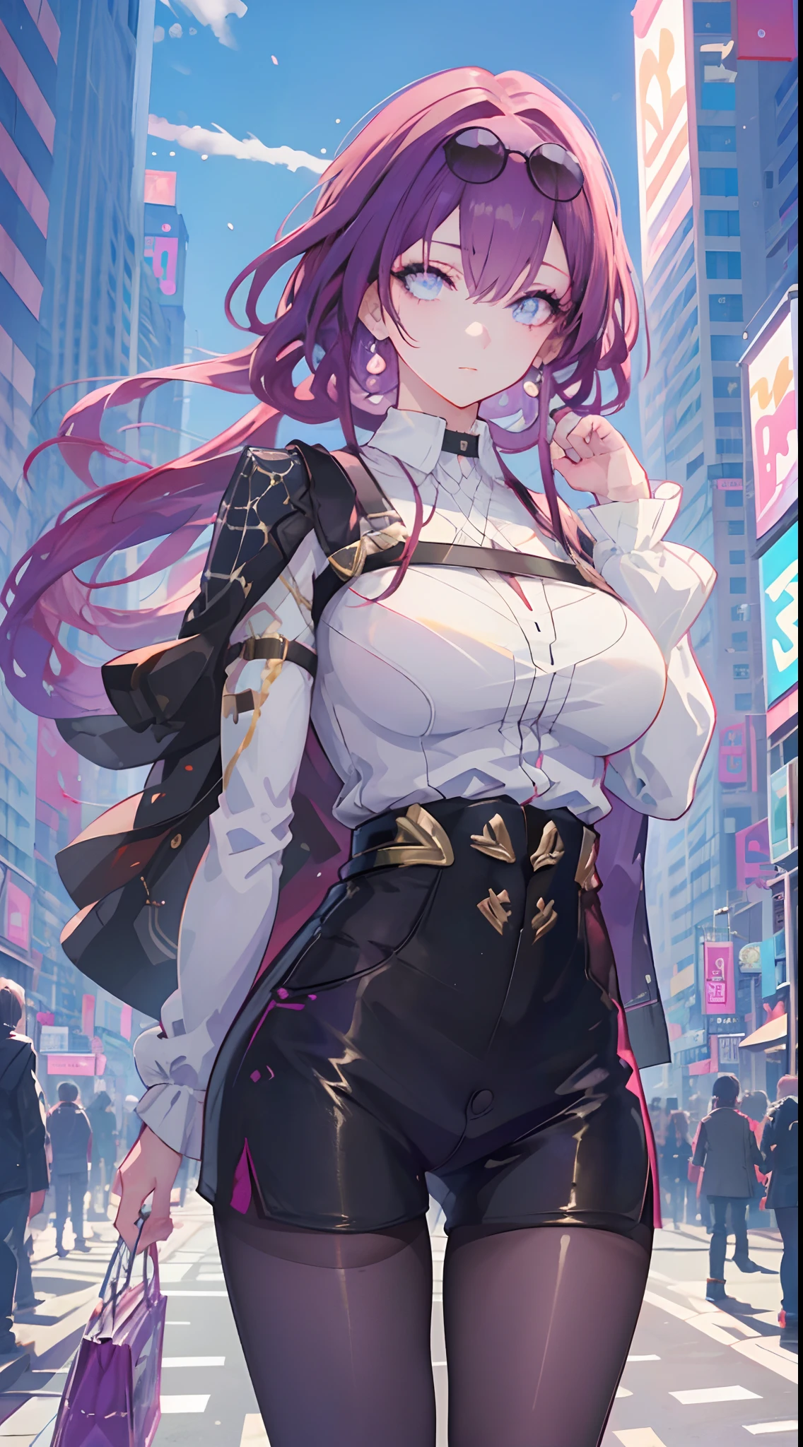 (best quality,4k,8k,highres,masterpiece:1.2),ultra-detailed,(realistic,photorealistic,photo-realistic:1.37),colorful anime girl in town, vibrant street, bustling crowd, busy shops, tall buildings, neon signs, street vendors, cherry blossom trees, magical atmosphere, stylish fashion, dynamic poses, anime aesthetics, vibrant colors, soft lighting,Purple hair, purple eyes, (detailed eyes:1.3),city scenery,contrapposto