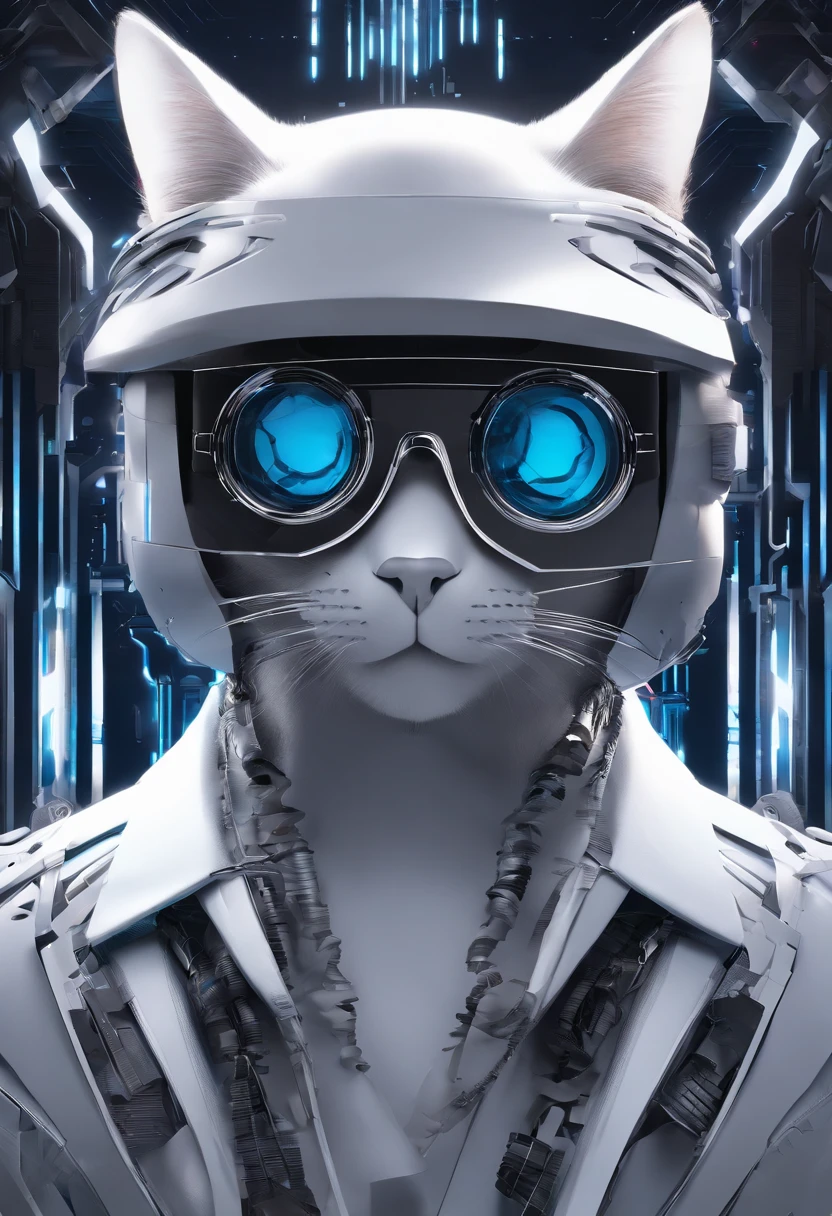 {{Un gato con sombrero y gafas de sol en un entorno oscuro}} se convierte en una obra de arte digital bonita. Este gato cyberpunk luce genial y elegante heckin en un renderizado 3D de alta calidad. The image should follow the trends in ArtStation High Definition to bring out all the details. The composition is a medium shot with sharp focus, And the lighting should create a captivating atmosphere.