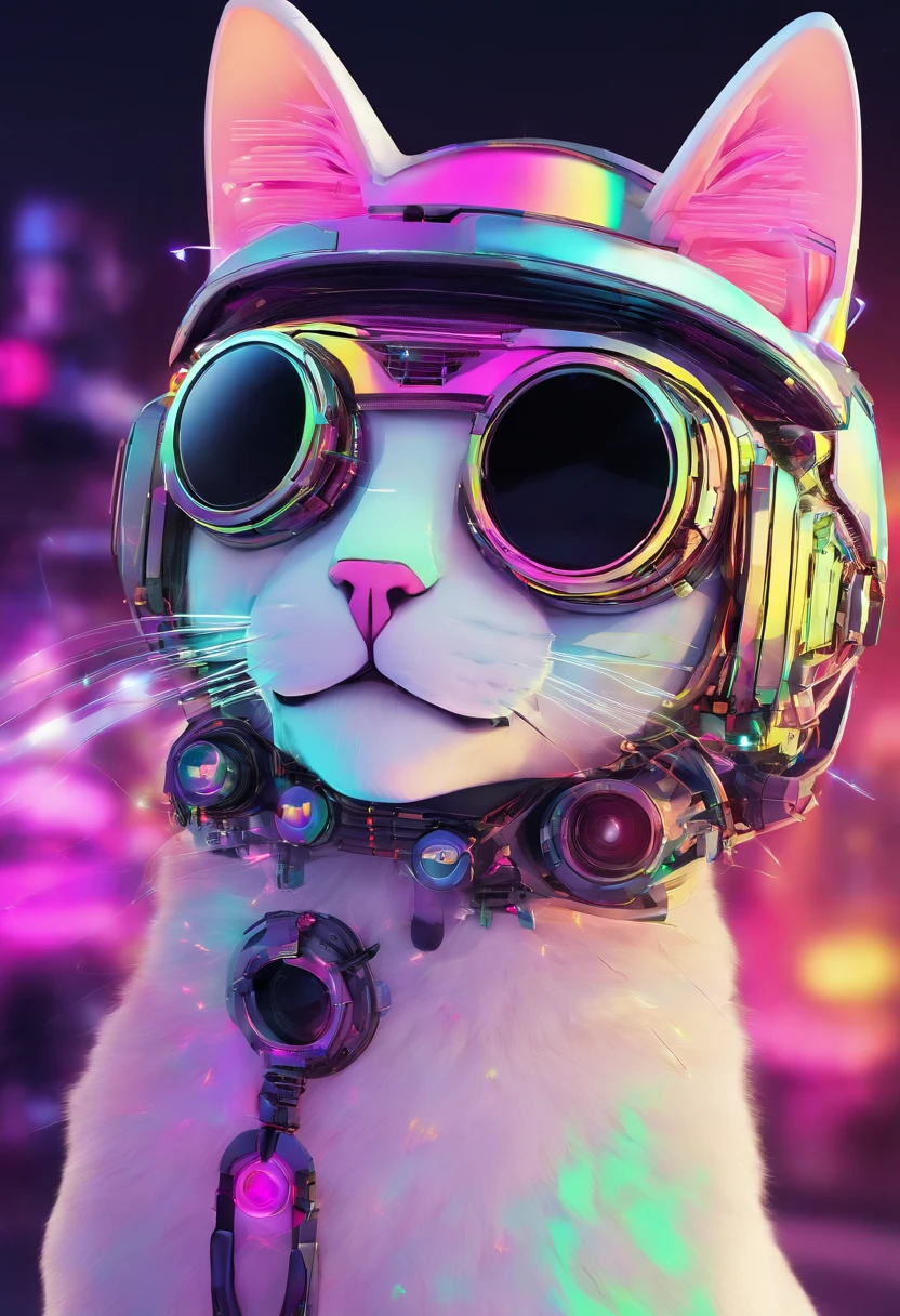{{Un gato con sombrero y gafas de sol en un entorno oscuro}} se convierte en una obra de arte digital bonita. Este gato cyberpunk luce genial y elegante heckin en un renderizado 3D de alta calidad. The image should follow the trends in ArtStation High Definition to bring out all the details. The composition is a medium shot with sharp focus, And the lighting should create a captivating atmosphere.
