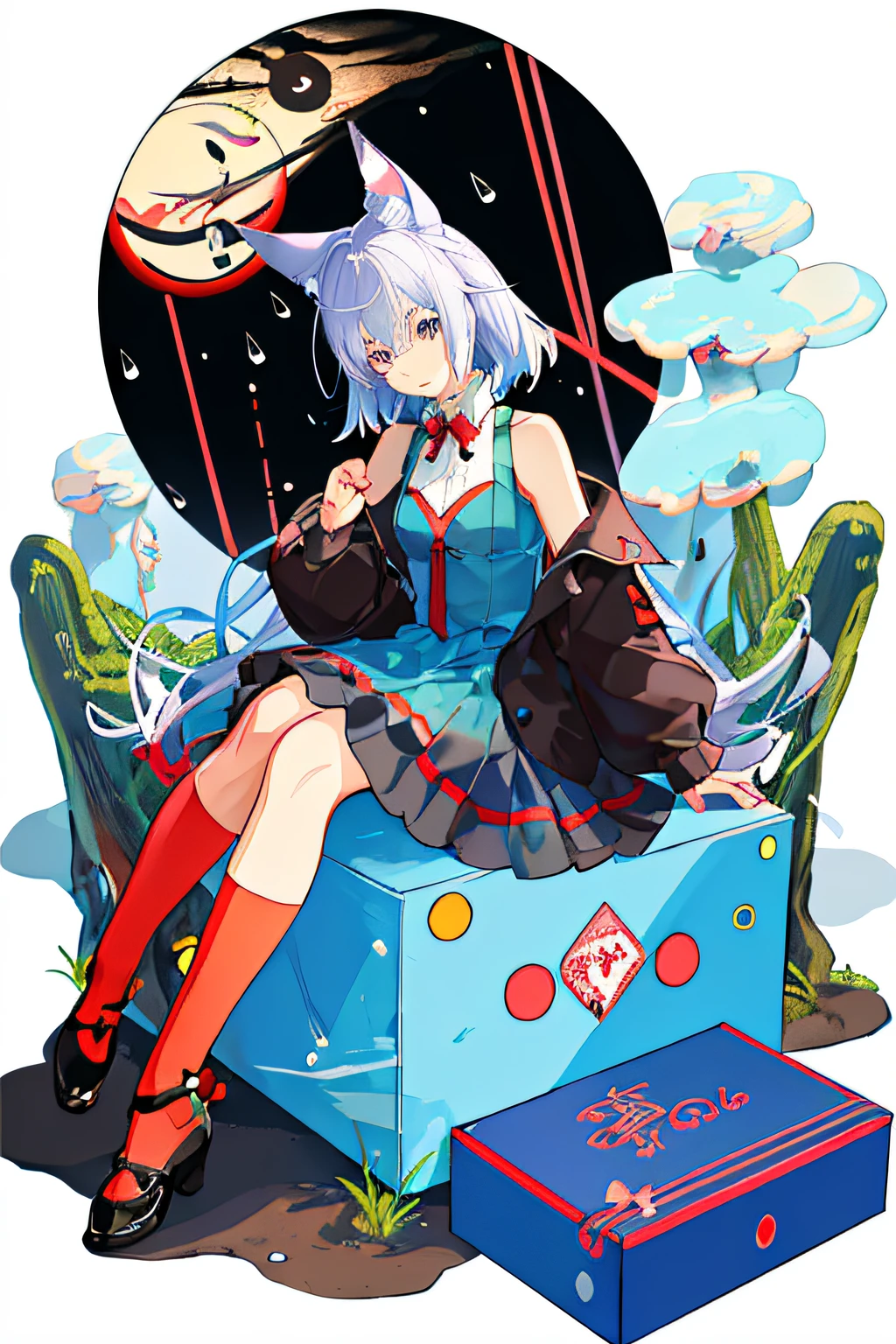 A group of anime characters next to each other，author：Kamagurka，pixiv，artisanal art，Misty Rain Morisha from the East，Alice goes down the rabbit hole，hyper detail illustration，big bad wolf，y 2 k cute clown core，Box art，1024x1024，vivid colorful comic style，monstergirl