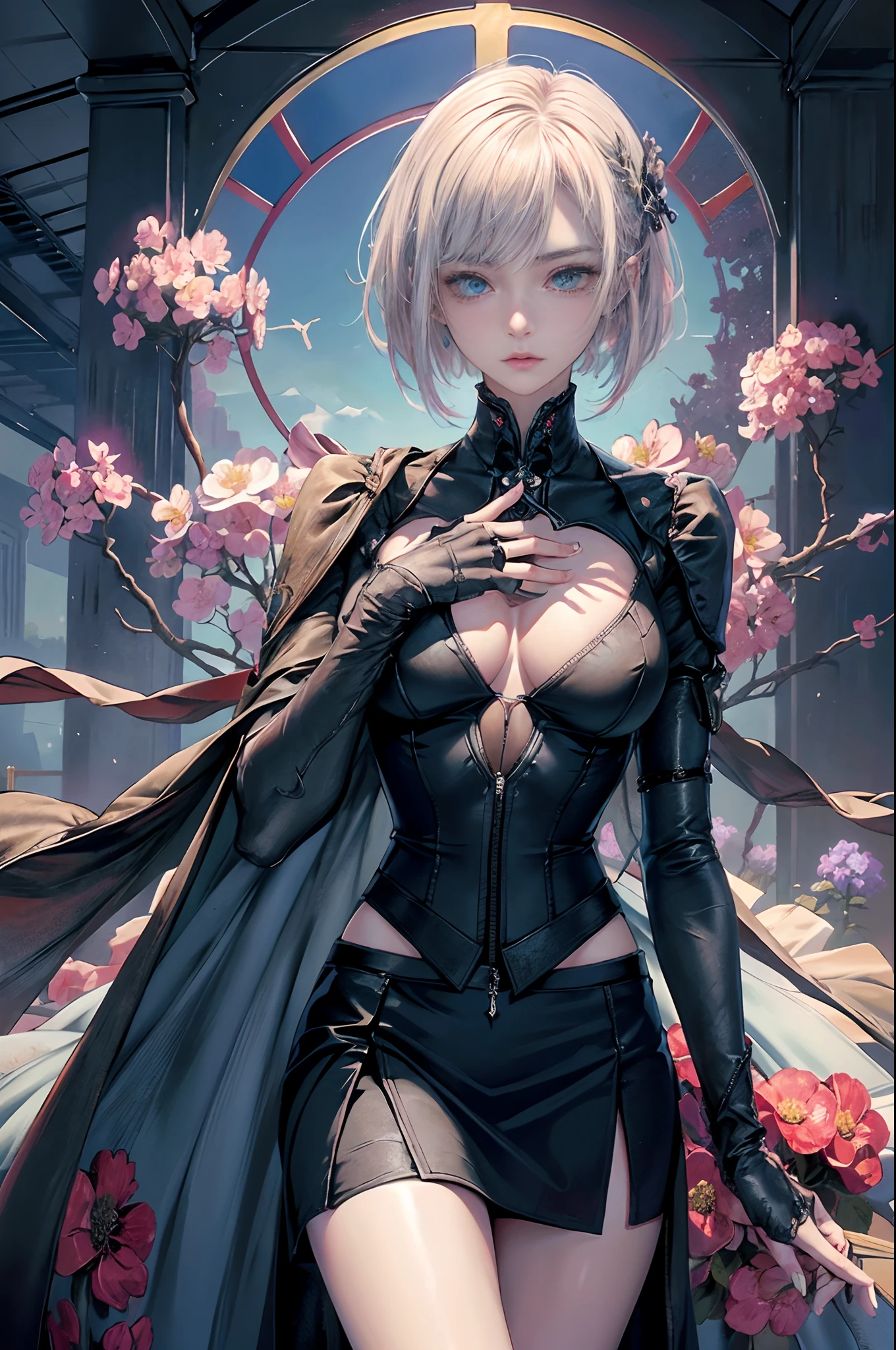 masutepiece,1girl in, Best Quality,cyberpunked,(Alternative、dim colors, Soothing tones:1.3),NSFW(Beautuful Women、Detailed beautiful facial features、Medium bob、blue eyess、slenderbody:1.3)(well-shaped breasts、Slit skirt、formal suit:1.5)(Put your hands on your chest、Looking away、Facing up:1.4)（Inside a huge church、Before dawn、a large amount of flowers around the perimeter,、The cross is floating:1.5）