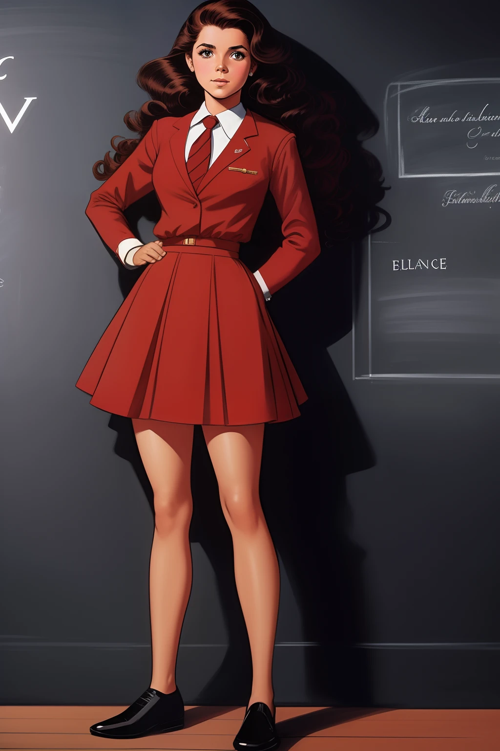 Arte inspirada em John Buscema,1 girl, day long wavy hair, elegante, uniforme de escolar, short red polyester skirt, sala de aula, clara, Standing in front of blackboard