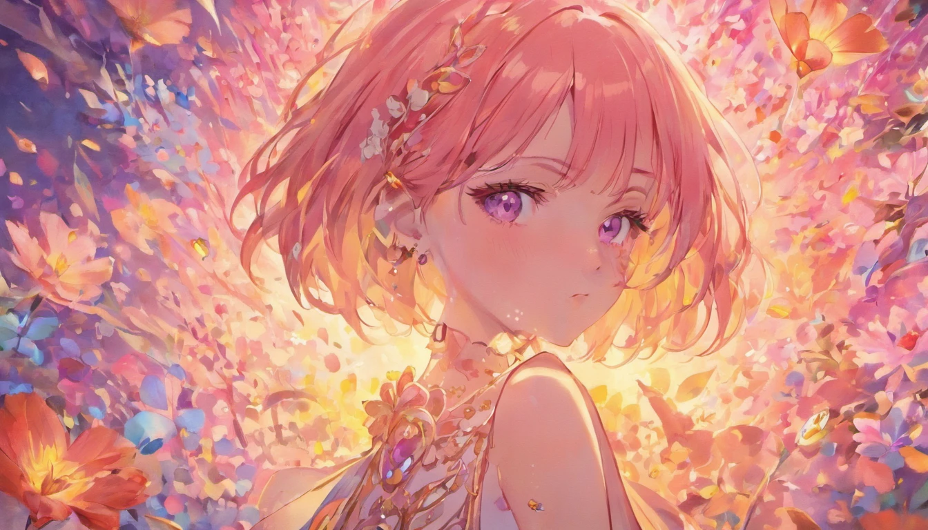 1girl in, Solo, Looking at Viewer, Short hair, Jewelry, PastelColors, earrings, Parted lips, Lips, flower petals, Eyelashes, The tattoo, makeup, watermarked, Piercing, ear piercings, Portrait, Digital Art