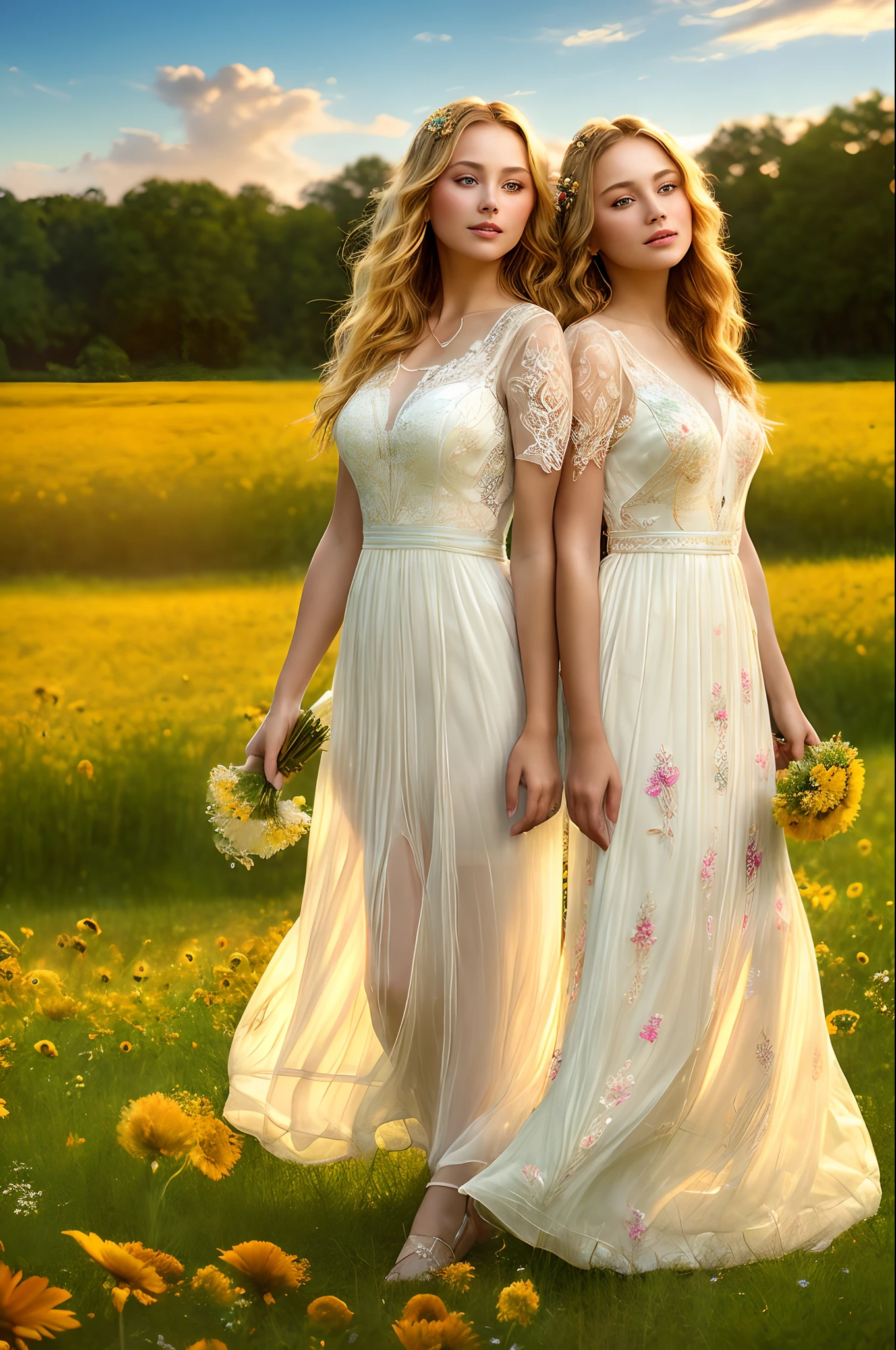 (close-up portrait of two young_women in reveals translucent dress,Embroidery pattern,silk lace,belorussin,long blonde wave hair, standing on flowers field, big cornflowers in foreground (bokeh:1.2)), masterpiece, award winning photography, lighting, perfect composition, high detail, hyper realistic,dramatic lighting, epic,(dynamic pose:1.2),(dynamic camera),photo RAW,(