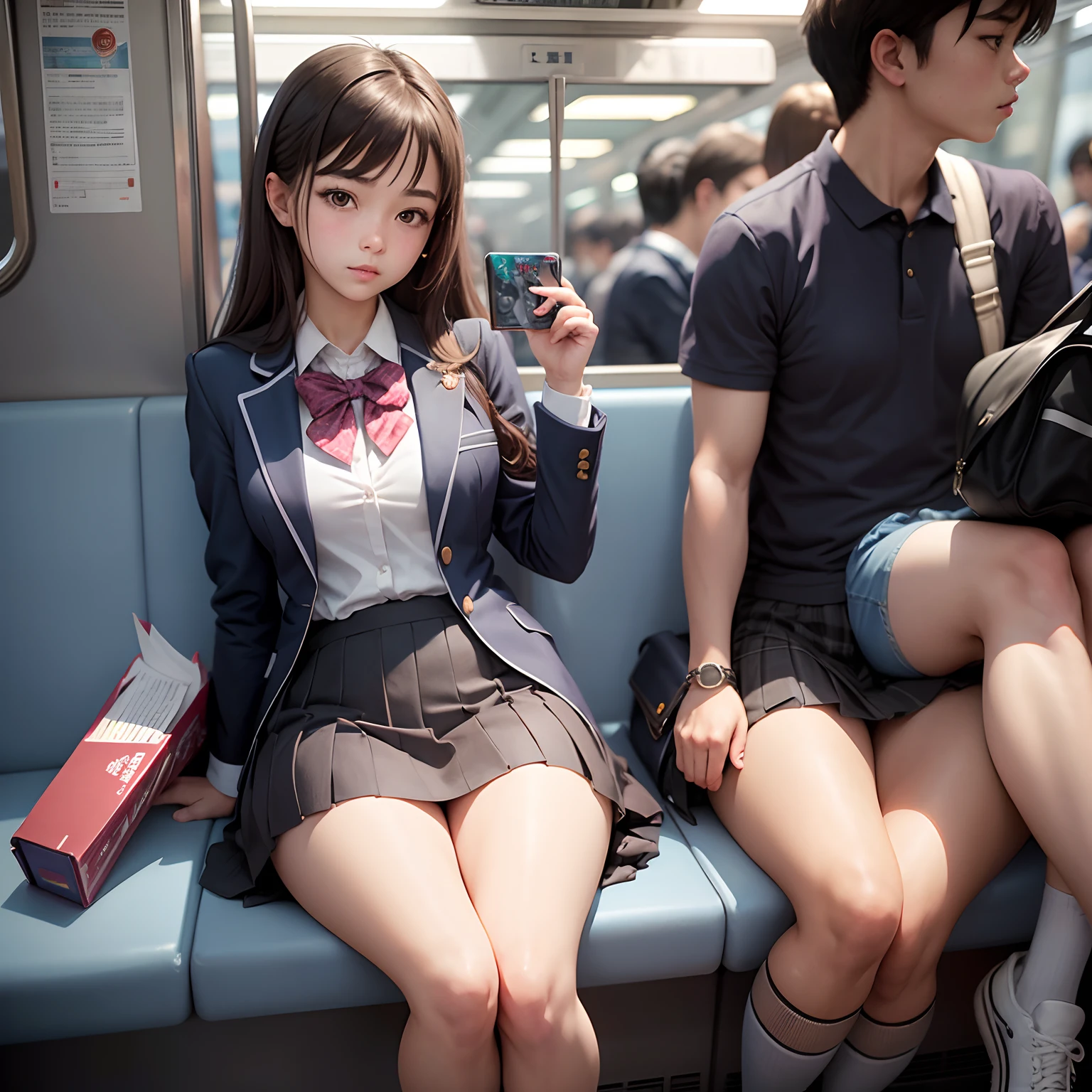 A high school girl on a train. She's wearing school uniform with a very short skirt.
