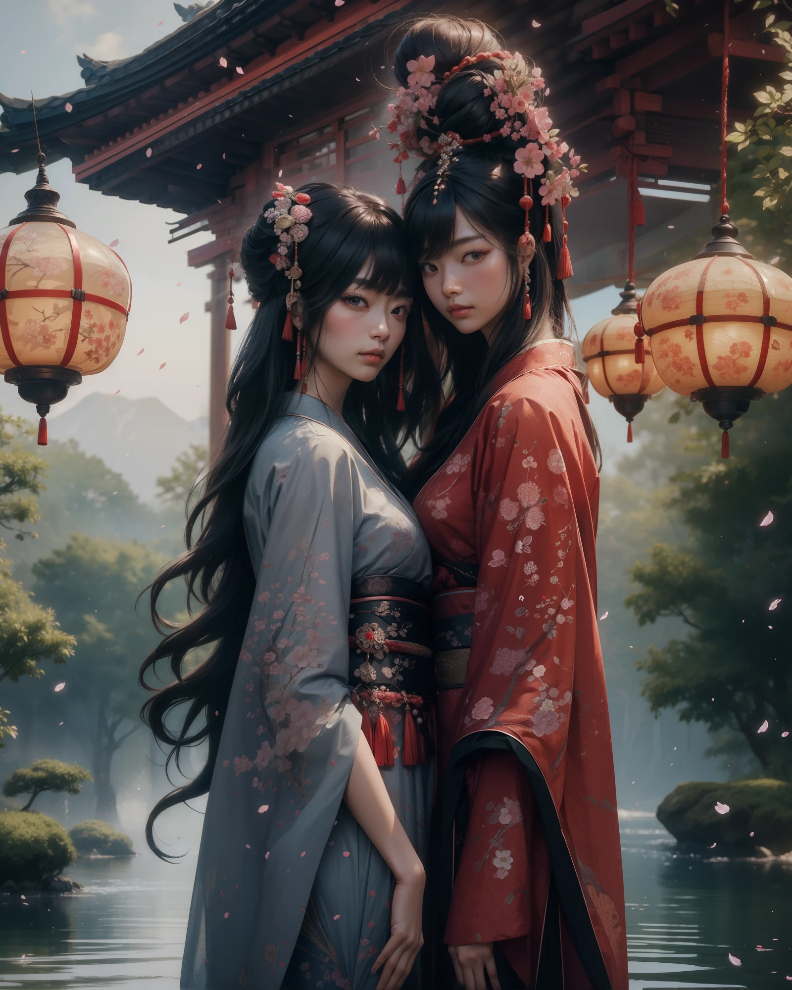 (best quality,4k,8k,highres,masterpiece:1.2),ultra-detailed,realistic:1.37,landscape,COWBOY SHOT,ULTRA WIDE SHOT,1woman,KIMONO,UHD,studio lighting,vivid colors,sharp focus,fine details,traditional Japanese garden,serene atmosphere,subtle color palette,soft sunlight,delicate cherry blossom petals,rippling water reflections,crimson maple trees,peaceful tranquility,graceful geisha,traditional wooden pagoda,ancient stone lanterns,crystal-clear pond,authentic samurai sword,exquisite embroidery,regal elegance,sublime beauty,captivating presence