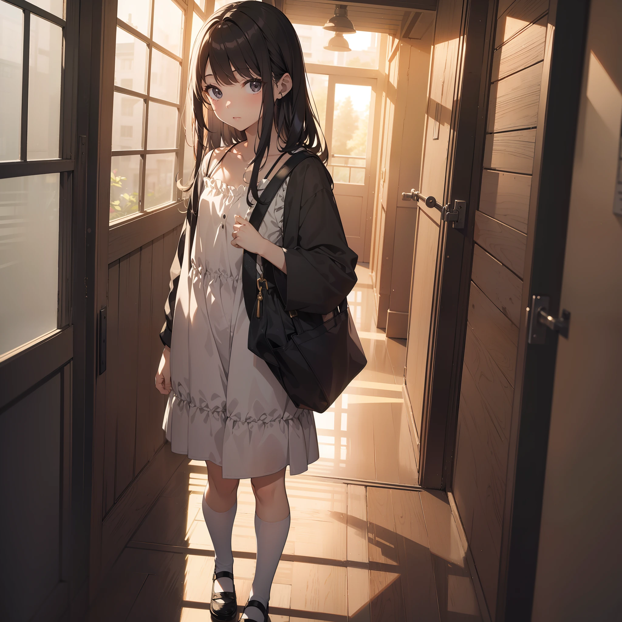photographrealistic, masutepiece, Best Quality, (ultra-quality), (Ultra-detailed), Illustration, (extremely delicate and beautiful), (One girl is japanese),(Solo,Lori, child, Toddler, 13 years old:1.5),a junior high school student, Full limbs,complete fingers,flat chest, Small butt,Beautiful detailed black eyes, school uniform,glasses,(Detailed Lighting), (Detailed background), (hallway), NSFW,
