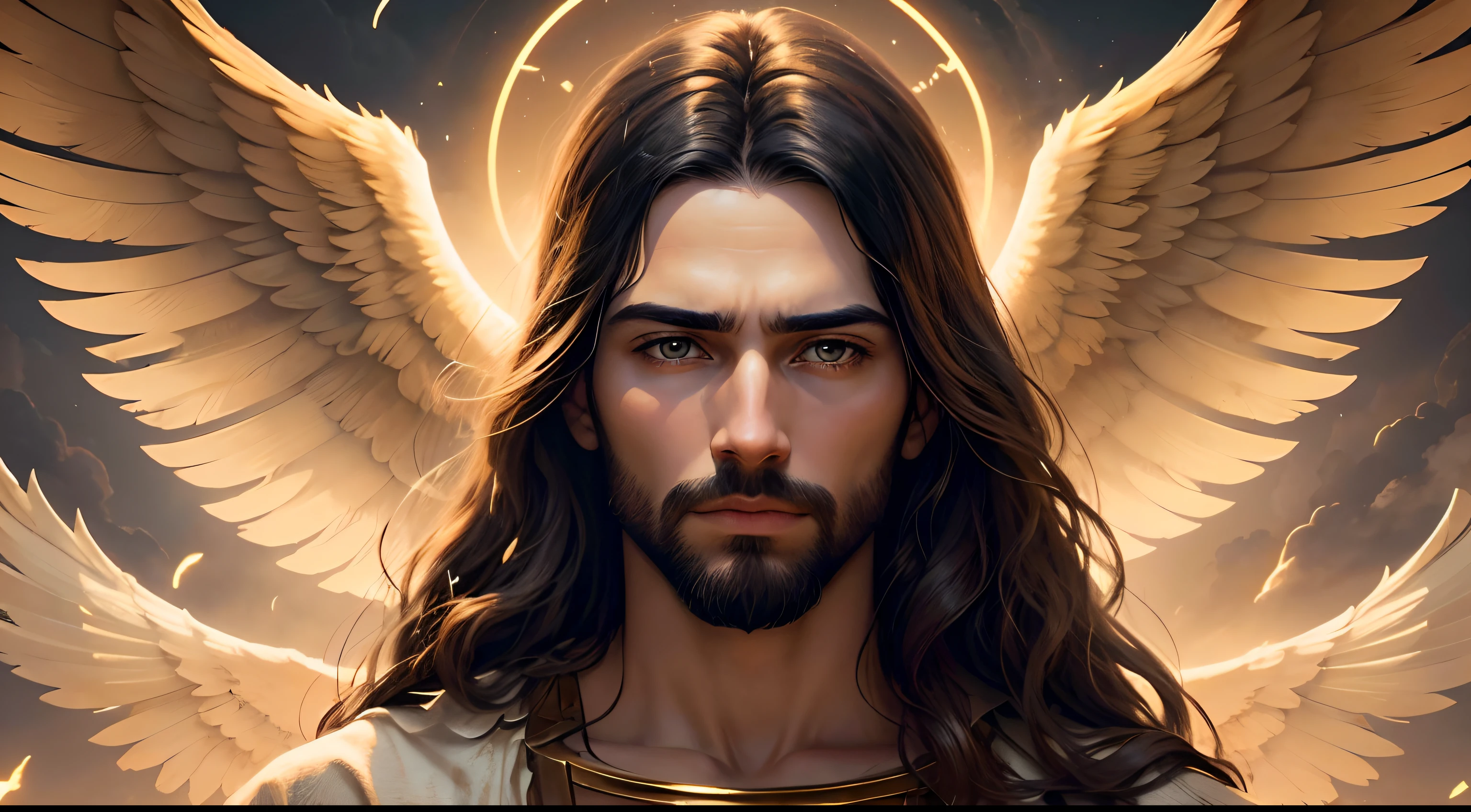 (papel de parede 8k extremamente detalhado), uma pintura realista de Jesus com rosto detalhado e perfeito, with detailed wings amid the clouds in the sky with golden lights, intrincado, alto detalhe, Dramatic