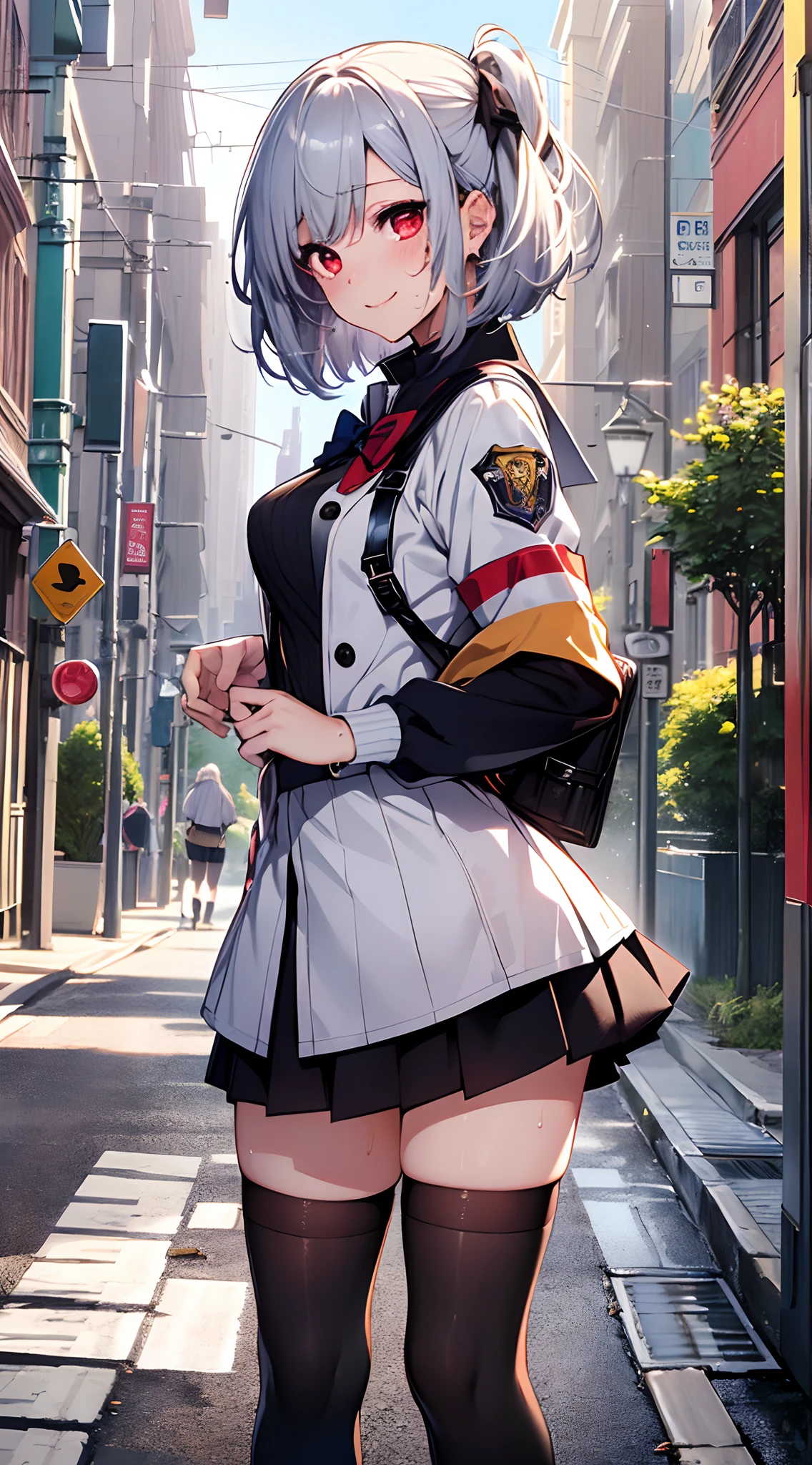top-quality、Top image quality、in 8K,4K,​masterpiece、(NSFW:1.1)、ultra-detailliert、Beautiful、ultra-quality、adult-like、Cool、girl with(((18year old、shool uniform、a miniskirt、thigh-high socks、Skin shiny with sweat:1.1、Bust 78、silber hair、a short bob、Red Eyes、erotick:1.4、A smile)))、hiquality、visualart、Background with((In the street:1.3))、masutepiece