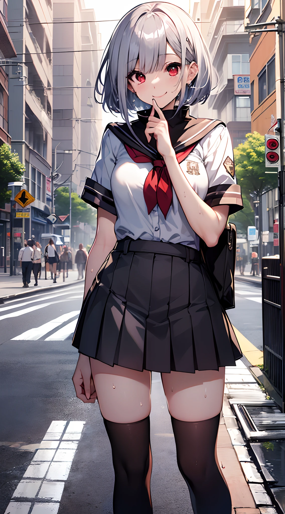 top-quality、Top image quality、in 8K,4K,​masterpiece、(NSFW:1.1)、ultra-detailliert、Beautiful、ultra-quality、adult-like、Cool、girl with(((18year old、shool uniform、a miniskirt、thigh-high socks、Skin shiny with sweat:1.1、Bust 78、silber hair、a short bob、Red Eyes、erotick:1.4、A smile)))、hiquality、visualart、Background with((In the street:1.3))、masutepiece