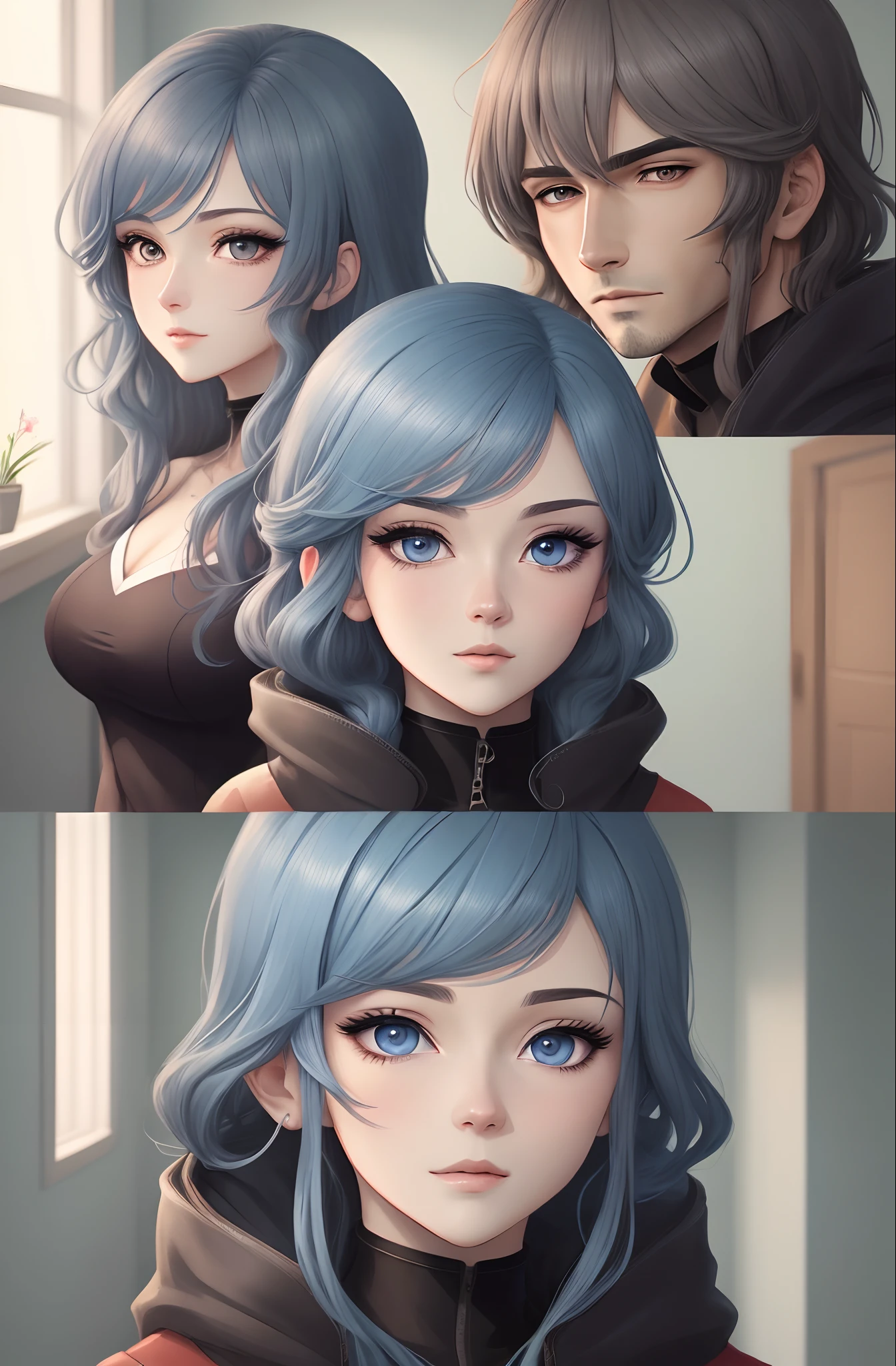 Um casal parecia surpreso，cabelos de cor preta，olhos de cor azul，Handsome，The expression is cold，Dentro de casa，illustration Anime style，4K escuro, hiper HD, master part