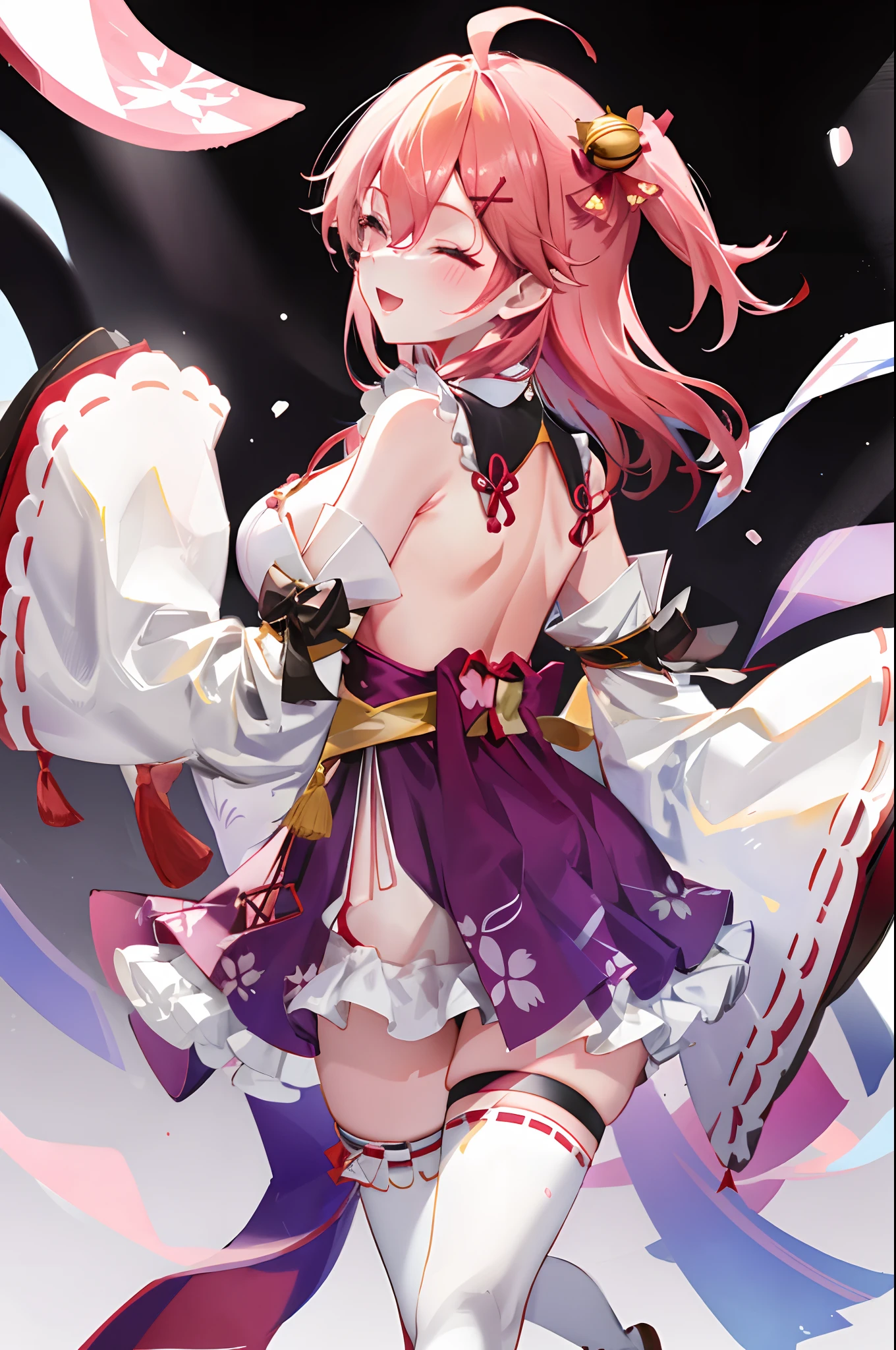 masterpiece, best quality, highres, miko1, sakura_miko, 1girl, big_boobs, solo, ahoge, x_hair_ornament, pink_hair, floral print, hairclip,(side_less_clothes:1.5), (side_boobs:1.5), hair_bell, floral print, long_hair, hair between eyes, one side up, white thighhighs, asymmetrical legwear, wide sleeves, open_mouth,(happy:1.3),close_eyes,big_smile,rising_leg,plump,apart_legs,(overly_long_sleeves:1.3),(beautiful_fingers),sleeves_past_wrists,hands_hidden_sleeves,sidelock_clothes,dynamic_posing,solo,hidden_wrists,(XD:1.4),