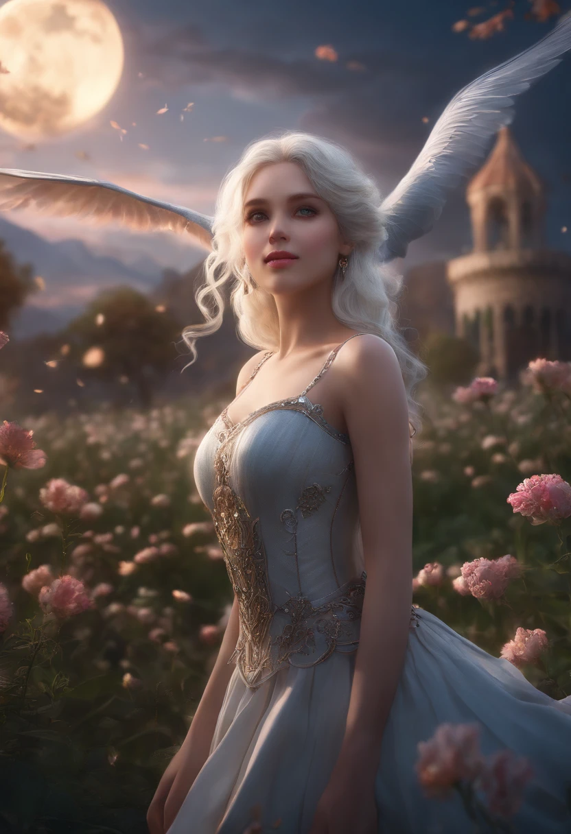 masterpiece, best quality,, 1girl, (colorful),(finely detailed beautiful eyes and detailed face),cinematic lighting,bust shot,extremely detailed CG unity 8k wallpaper,white hair,solo,smile,intricate skirt,((flying petal)),(Flowery meadow), sky, cloudy_sky, building, moonlight, moon, night, (dark theme:1.3), light, fantasy,