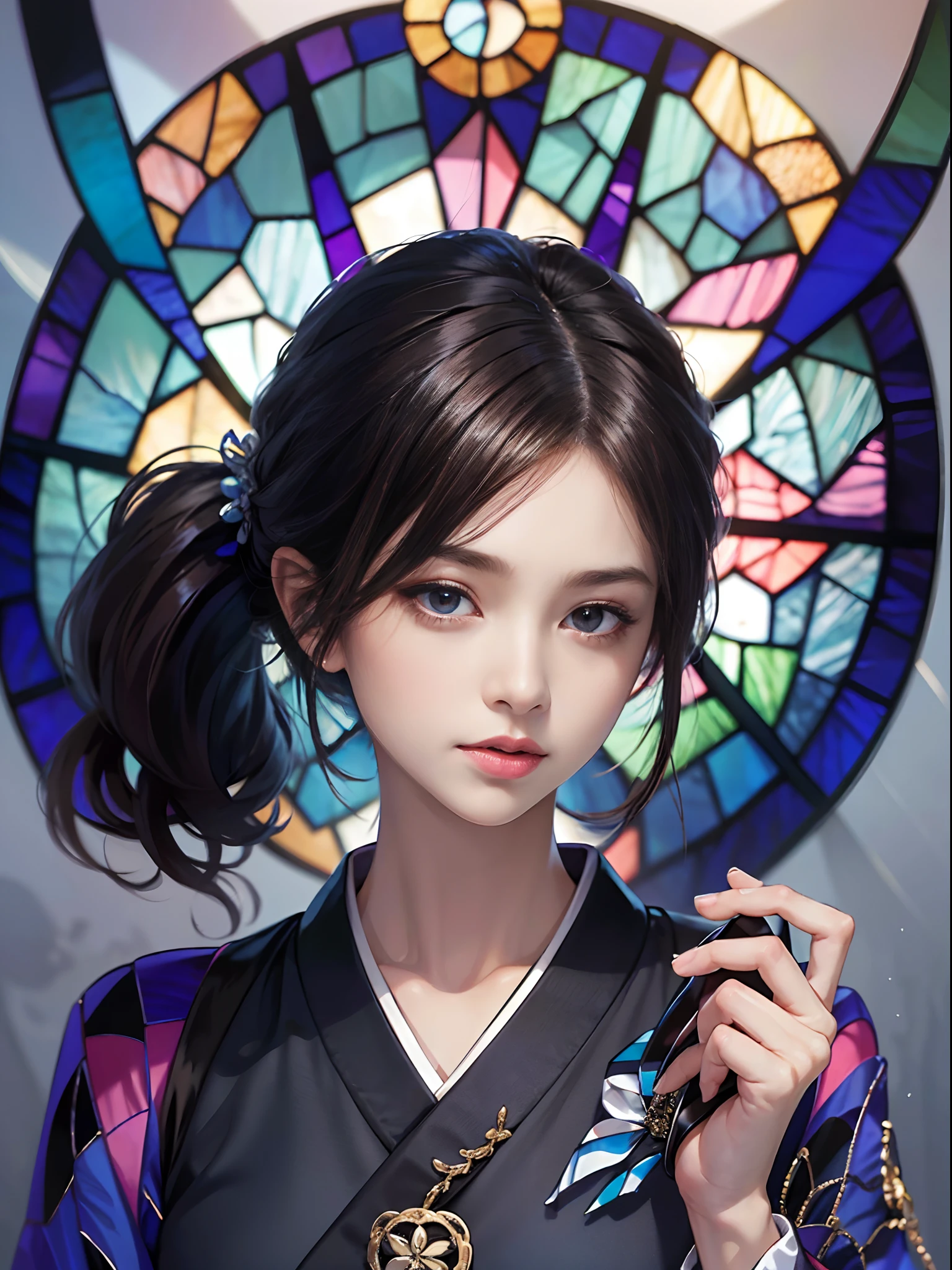 (rokoko:1.5),Background of details(chies:1.1(stain glass:1.2)),BREAK,elaborate costume{Luxury kimono(Colorful kimono(detailed embroidery,))},BREAK,1womanl(Beautiful and classy adult woman(Japanese actressl:1.2)(glossy dark hair(poneyTail:1.2))), Blake Wallpaper 16K,Blur the background,(masutepiece:1.5), (Best Quality:1.5),(Portrait photos:1.5),full body Esbian