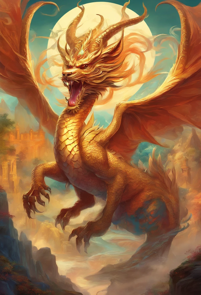 mythological creatures,chinesedragon,Traditional Chinese elements,Ancient murals,Illustrative myths,Fuyao Legend,Dappled light,Hazy haze,mystical aura,tmasterpiece,k hd,Rich in color,Detailed details,Seven colors