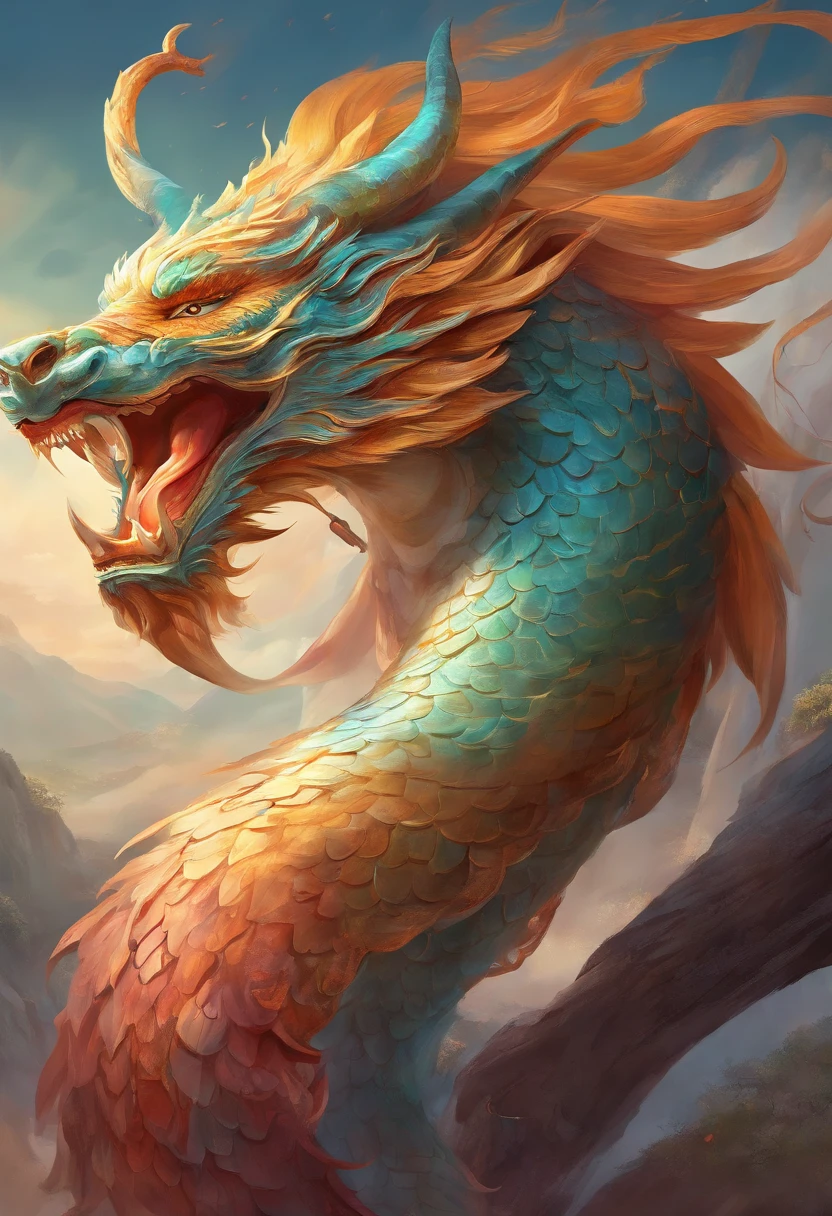 mythological creatures,chinesedragon,Traditional Chinese elements,Ancient murals,Illustrative myths,Fuyao Legend,Dappled light,Hazy haze,mystical aura,tmasterpiece,k hd,Rich in color,Detailed details,Seven colors