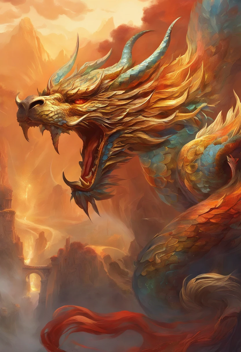 mythological creatures，chinesedragon，Traditional Chinese elements，Ancient murals，Illustrative myths，Fuyao Legend，Dappled light，Hazy haze，mystical aura，tmasterpiece，k hd，Rich in color，Detailed details，Seven colors