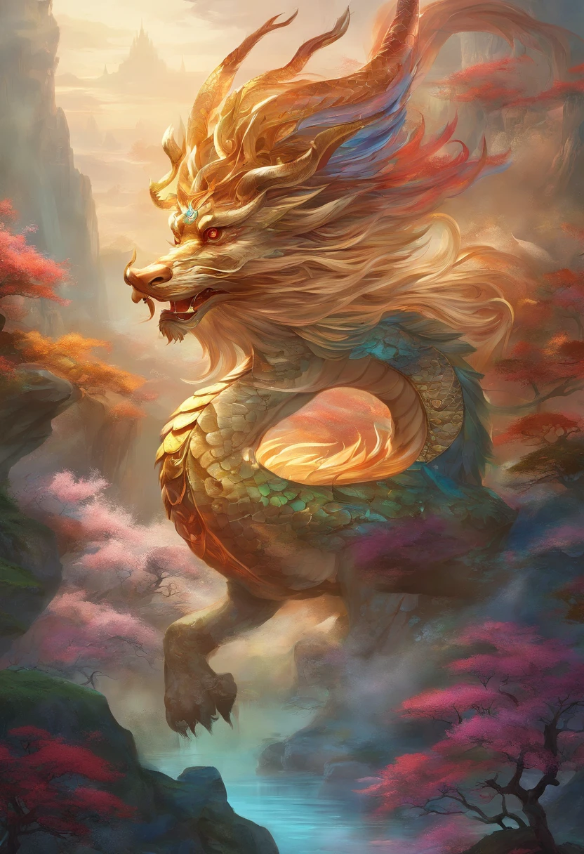 mythological creatures，chinesedragon，Traditional Chinese elements，Ancient murals，Illustrative myths，Fuyao Legend，Dappled light，Hazy haze，mystical aura，tmasterpiece，k hd，Rich in color，Detailed details，Seven colors