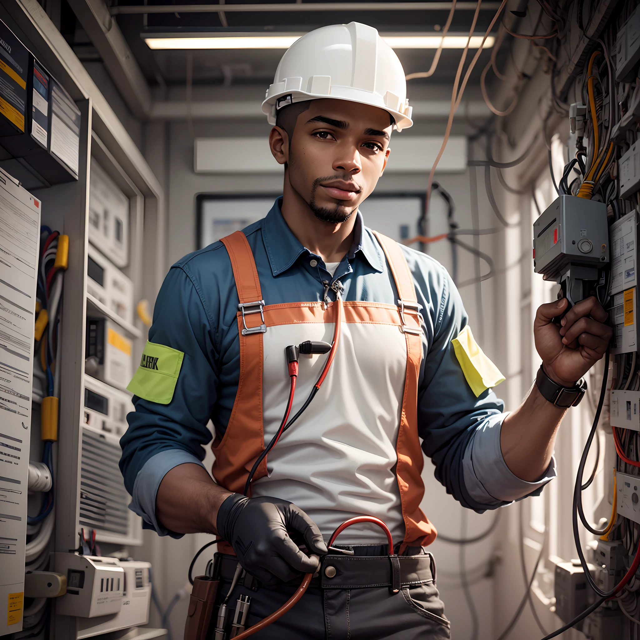 Create an image that represents the importance of the Electrician professional. The image must be visually appealing and convey a positive message about the profession of black men . --auto --s2