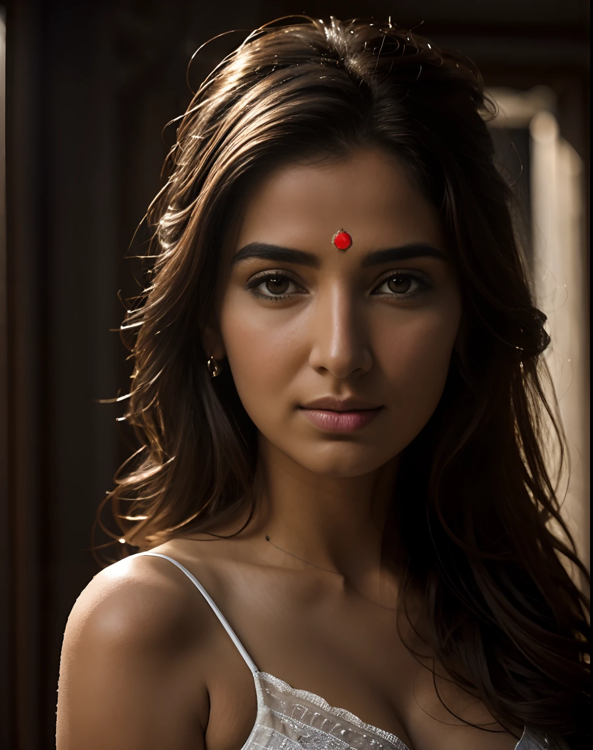 (Masterpiece, Best quality, Incredibly photorealistic RAW close-up portrait:1.4) of a stunning beautiful 25 year old Indian woman, Colorful Traditional Dress, beau visage, Long Wavy Hair, (voile complexe couvrant partiellement les cheveux:1.2) (timide, regarder vers le bas:1.5), dedans, detailled eyes, (Texture naturelle de la peau:1.1), Award-winning travel photography, highly detailed, (mise au point nette:1.2), complexe, (softlighting, Indirect Warm Lighting:1.6), dramatic lighting, 4K, 8k, Disque dur lunettes noires