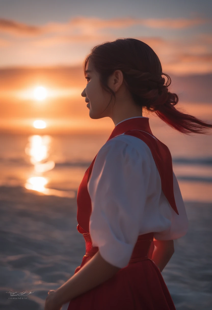 1girl, solo,smile, beach,(sunset:1.1), akagi_rin(denchi-project), solo, star hair ornament, twin braids,sparkle, from behind, looking back, huge sunset,red floating, uniform, night, waving, sea