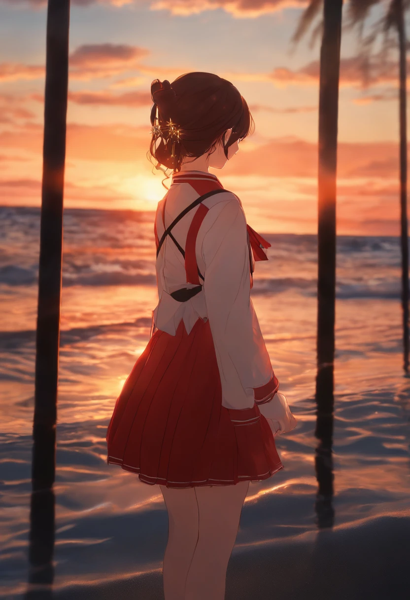 1girl, solo,smile, beach,(sunset:1.1), akagi_rin(denchi-project), solo, star hair ornament, twin braids,sparkle, from behind, looking back, huge sunset,red floating, uniform, night, waving, sea