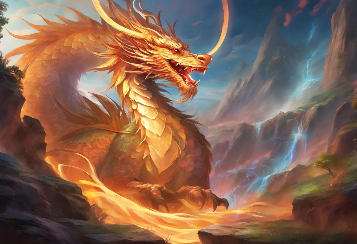 mythological creatures,chinesedragon,Traditional Chinese elements,Ancient murals,Illustrative myths,Fuyao Legend,Dappled light,Hazy haze,mystical aura,tmasterpiece,k hd,Rich in color,Detailed details,Seven colors