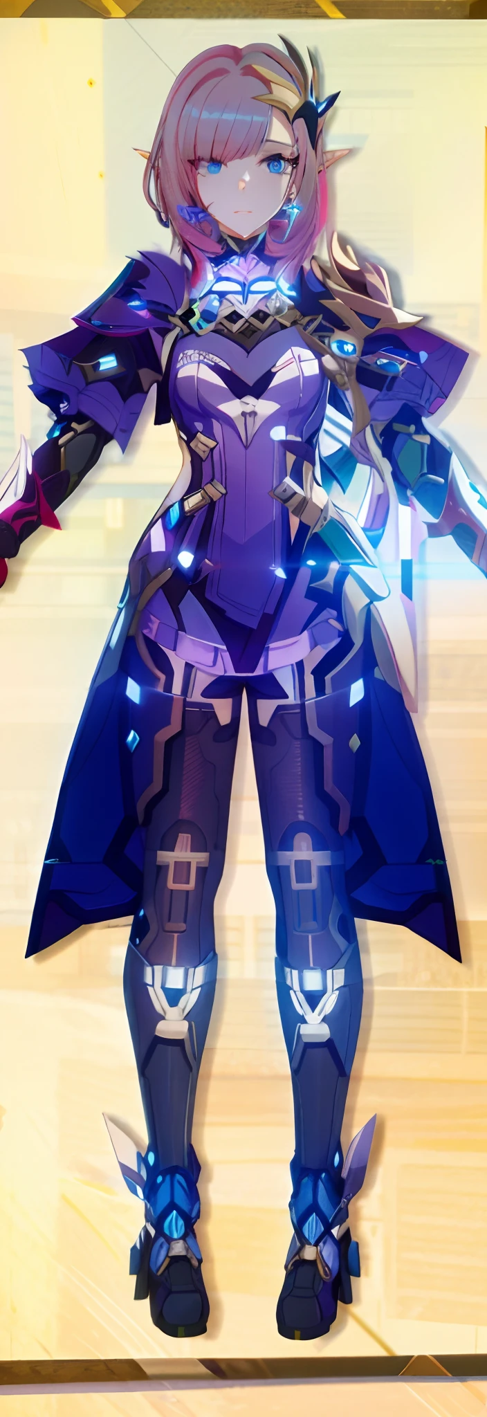 elysia (miss pink elf) (honkai impact), add pink hair, blue yes, add elf ears, add metal industrial mask on face
