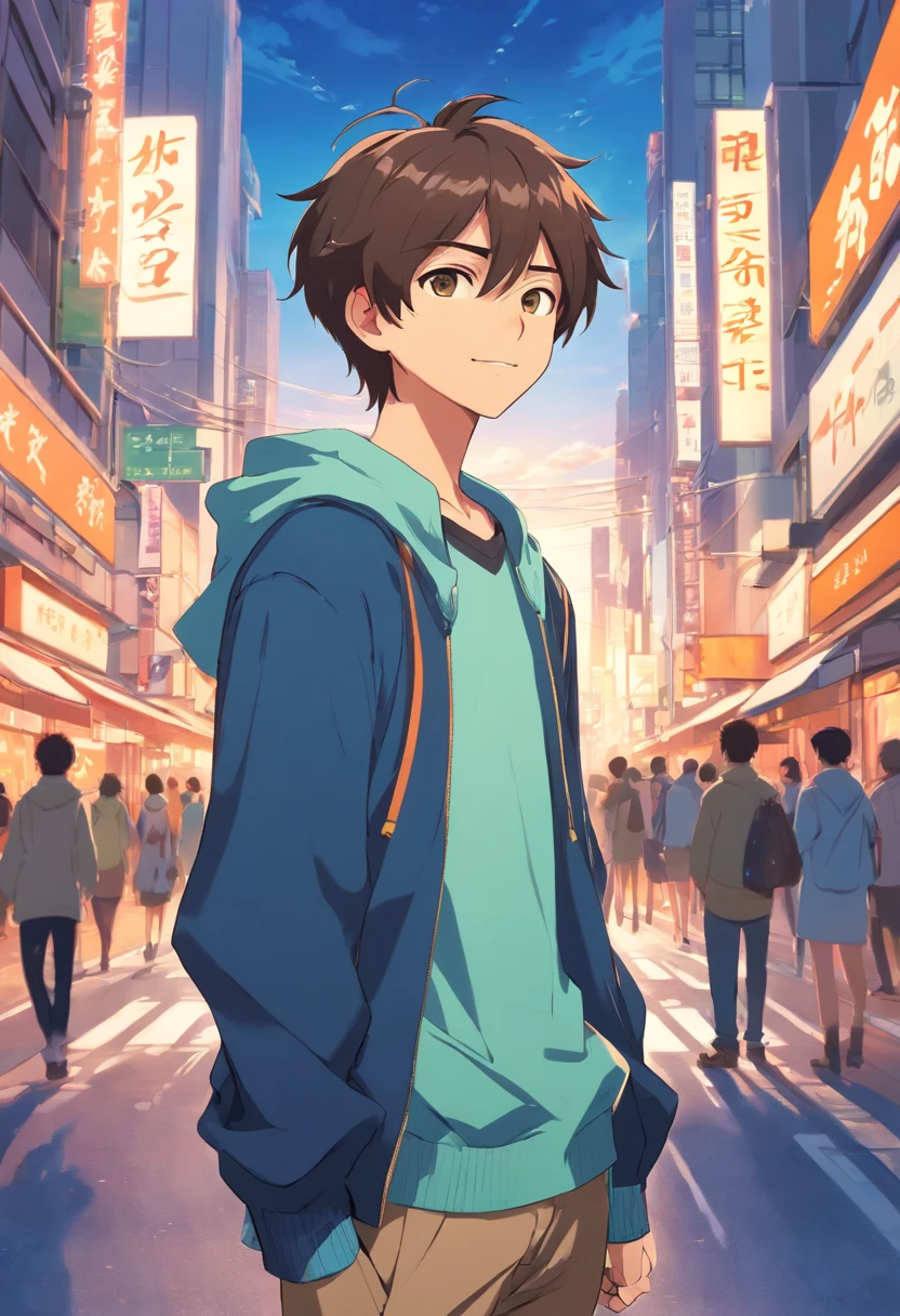 A boy, transformed into an anime style, with exaggerated unique facial features and clothing, standing on a bustling city street, backlit background highlighting the subject, high-contrast colors, 4K high-definition quality,young, smiling, handsome