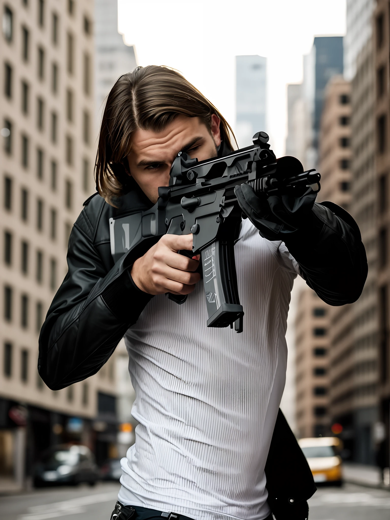 there is a man holding a gun and aiming it at something, shoulder mounted gun, corner assault rifle, wielding assault rifle, man is carrying a rifle, photo from a promo shoot, holding futuristic crossbow, holding a futuristic gun, with rifle, machine gun, with pistol, futuristic assault rifle, vulcaon machine gun, looks like jerma985, biker jacket, city street backdrop