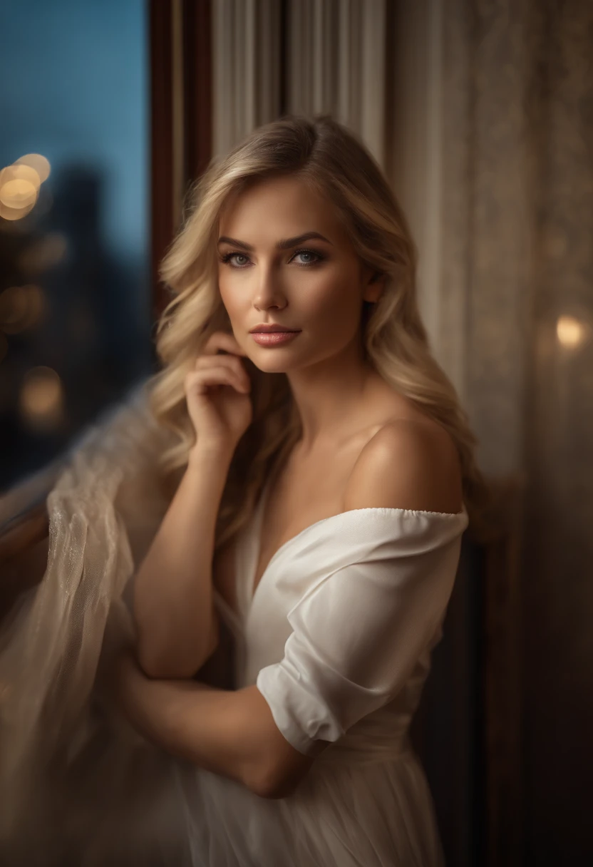 High quality,4K,detailliert,(realistisch,fotorealistisch:1.37),portrait,blondes Dessous-Modell,Kizi,beautiful detailed face,lange Wimpern,posierend,Hotelzimmer,Fenster,Skyline der Stadt,rote enge Dessous,Sanftes Licht