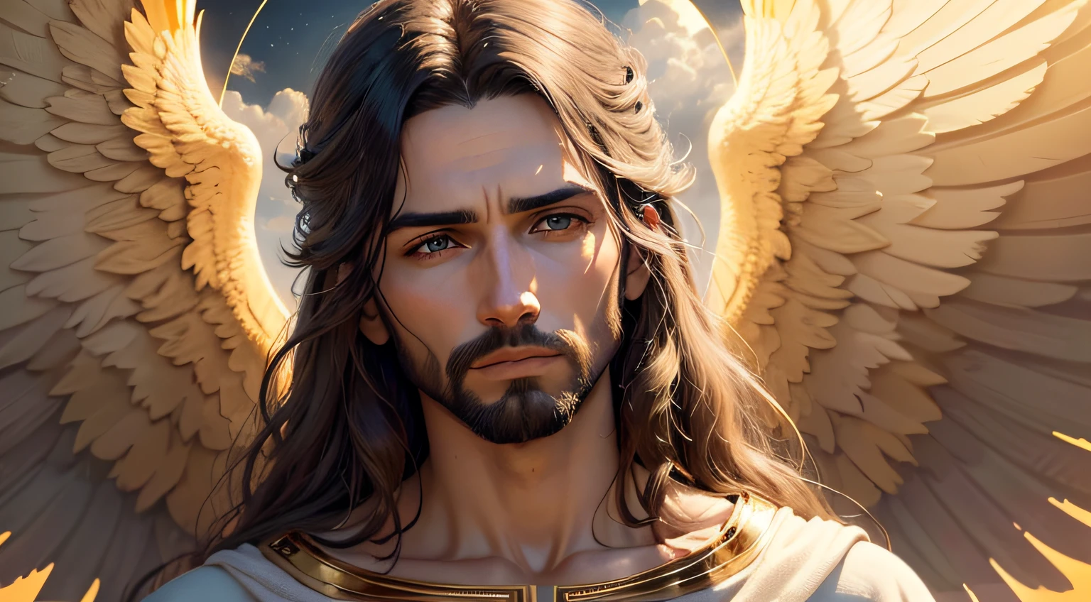 (papel de parede 8k extremamente detalhado), uma pintura realista de Jesus com rosto detalhado e perfeito, with detailed wings amid the clouds in the sky with golden lights, intrincado, alto detalhe, Dramatic