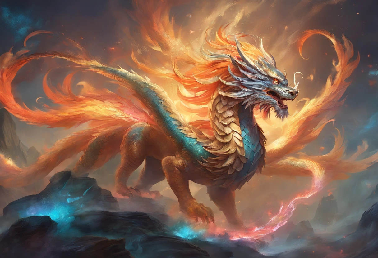 mythological creatures,chinesedragon,Traditional Chinese elements,Ancient murals,Illustrative myths,Fuyao Legend,Dappled light,Hazy haze,mystical aura,tmasterpiece,k hd,Rich in color,Detailed details,Seven colors