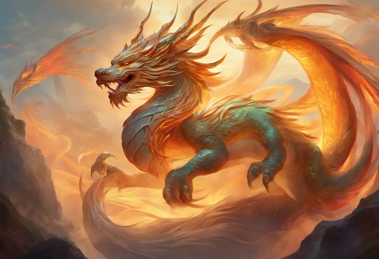 mythological creatures,chinesedragon,Traditional Chinese elements,Ancient murals,Illustrative myths,Fuyao Legend,Dappled light,Hazy haze,mystical aura,tmasterpiece,k hd,Rich in color,Detailed details,Seven colors