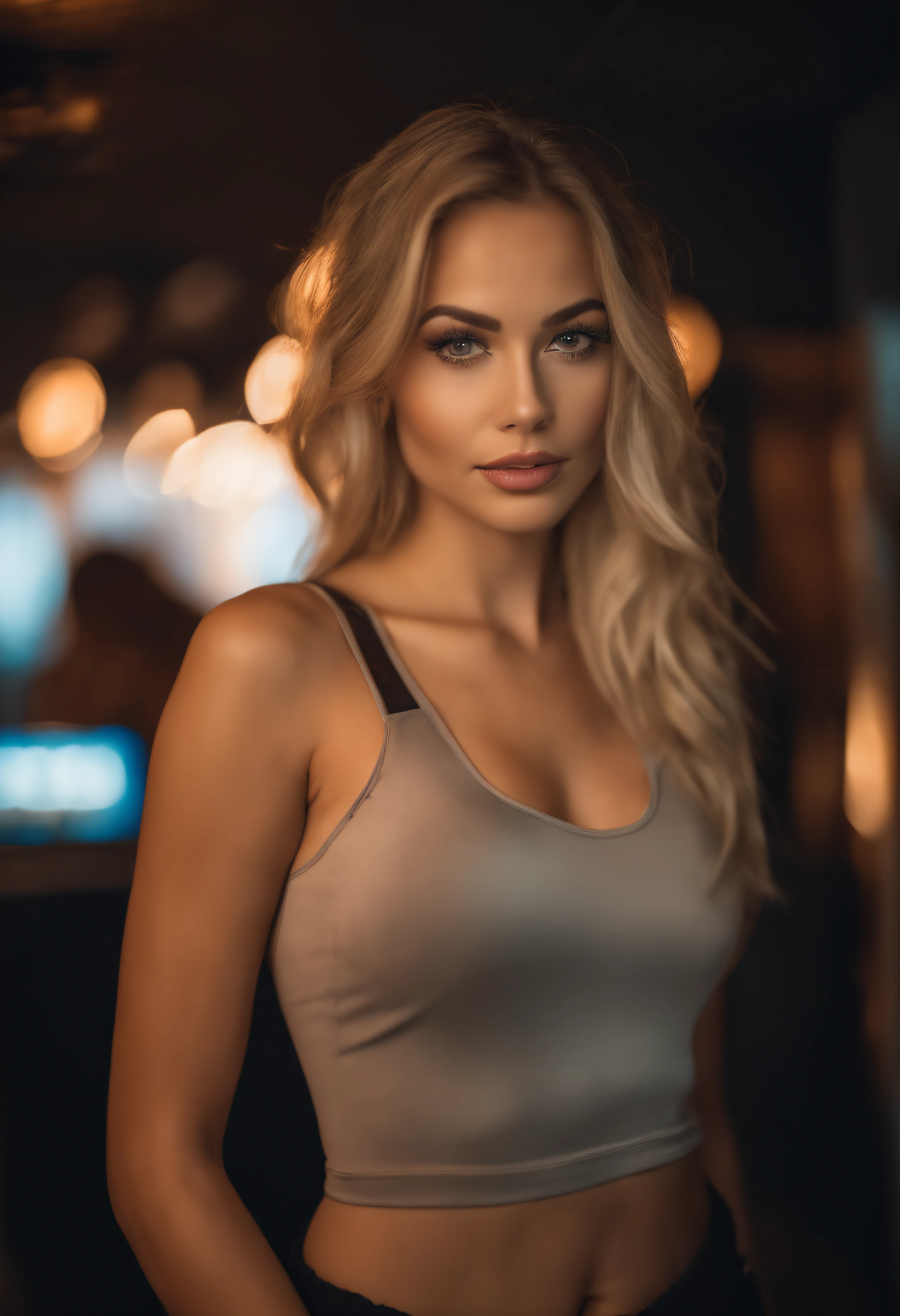 blonde woman with matching tank top and skirt posing at a night club, fille sexy aux yeux bleus, Portrait Sophie Mudd, blur background, best quality, 1girl, Portrait de Corinna Kopf, cheveux blonds et grands yeux, selfie of a young woman, ohne Maquillage, maquillage naturel, Look directly into the camera, Visage avec Artgram, dezentes Maquillage, Superbe photo du corps entier, dans la chambre, Gros seins, Blonde, latina