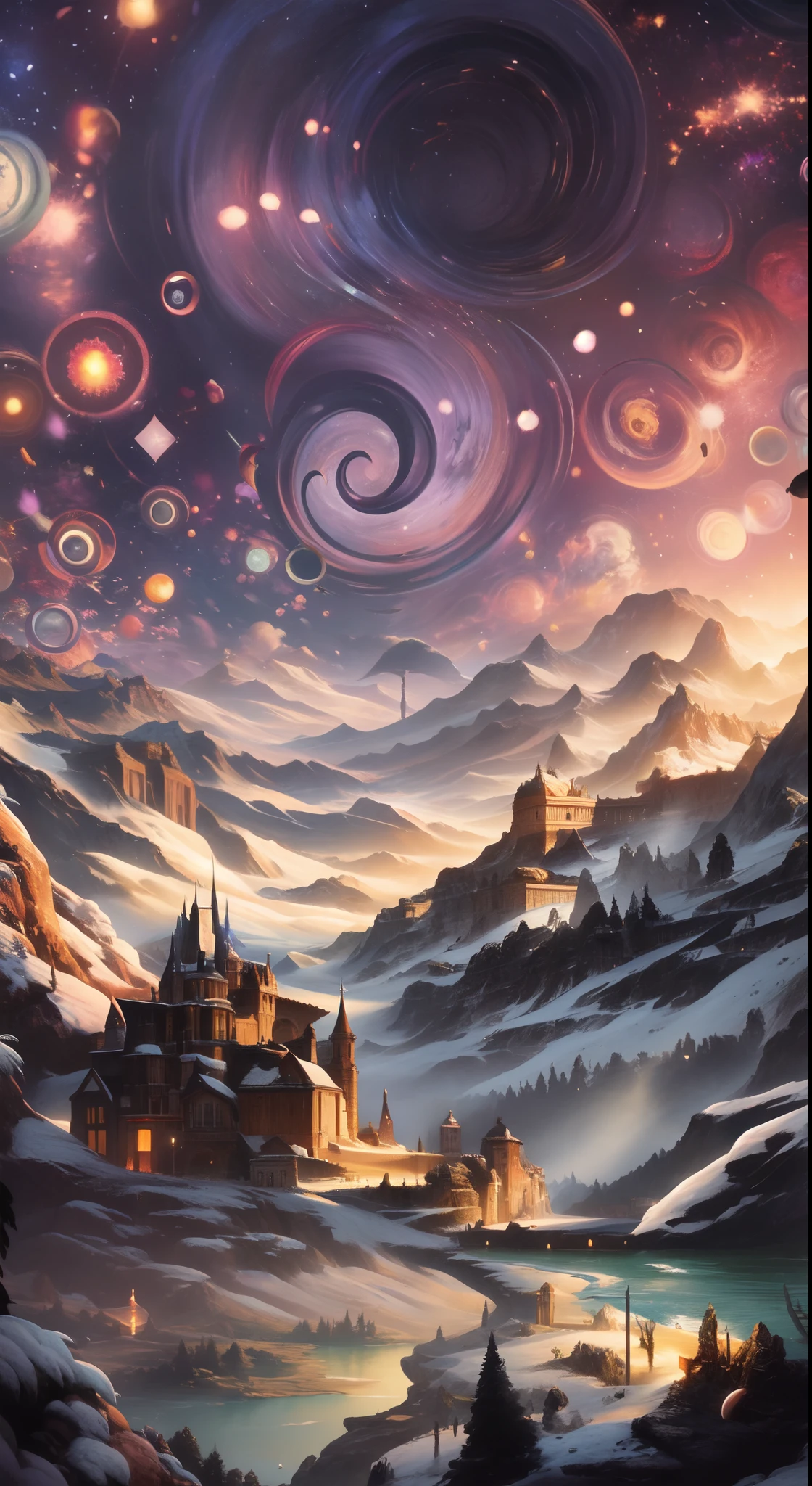 Fundo vermelho pintura de uma cena de montanha com uma casa e um lago, Arte digital altamente detalhada em 4k, epic fantasy sci fi illustration, Jen Bartel, Arte digital detalhada em 4k, Cyril Rolando e M.w kaluta |, Cyril Rolando e M. w kaluta |, Arte de fantasia grande angular, Dan Mumford e Albert Bierstadt, Arte bonita UHD 4K