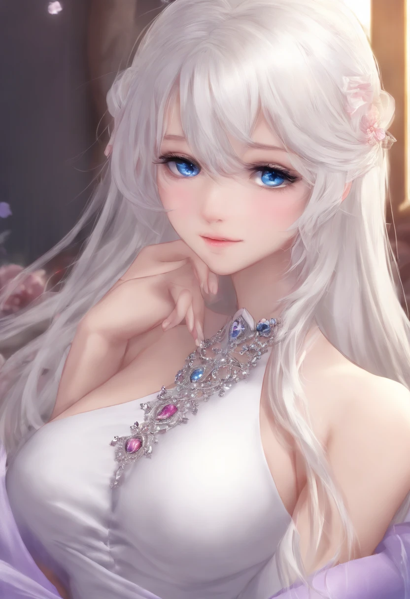 (top-quality、8k)、Very young beauty、Full body, Nude , Stunning white-haired goddess, Ultra-fine depiction、The tips of the breasts  are protruding、The shape of the vagina area is clearly visible、legs wide open、((layers-Cut、huge tit：1.2))、Laying on bed, No clothes, No covering with hands, White-skinned、Blue eyes