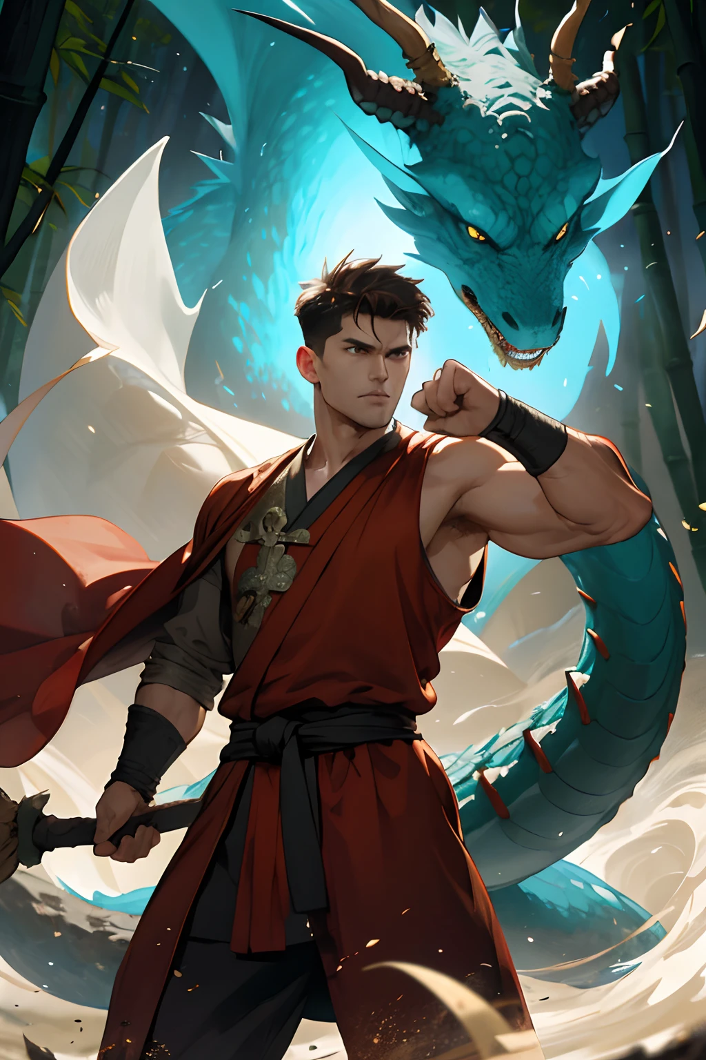 (absurdres, highres, ultra detailed), 1 male, mature, aged up, handsome, tall muscular guy, broad shoulders, very short hair, undercut, dark brown eyes, finely detailed eyes and detailed face, extremely detailed CG unity 8k wallpaper, intricate details, (style-swirlmagic:0.7), looking at viewer, solo, (full body:0.6), detailed background, detailed face, (european medieval fantasy theme:1.1), hair flowing in the wind, martial artist, dynamic pose, fighting stance, clenched fist, fingerless gloves, wristwraps, dragon themed clothes, monk robes, bamboo forest in background, swirling floating particles, dynamic composition, mystical eastern medieval atmosphere,