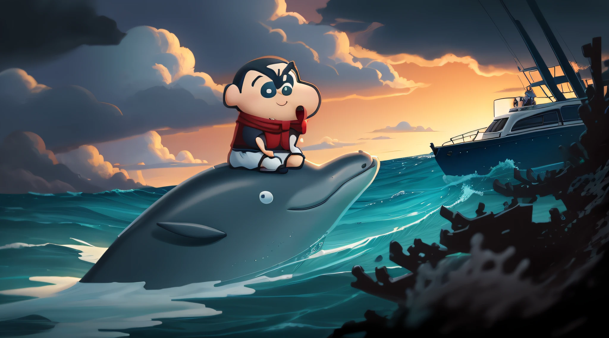 cartoon of a man riding a dolphin in the ocean with a boat, inspired by Ke Jiusi, toon, soami, tsunami behind him, by Murakami, cartoon still, super, cartoon image, title, safebooru anime image, subreddit / r / whale, official art, ghailan!, kawaai, cartoon, madotsuki, masterpiece, top-quality, (extremely detailed CG unified 8k wallpaper) (top-quality), (The best illustrations), (best shade)、