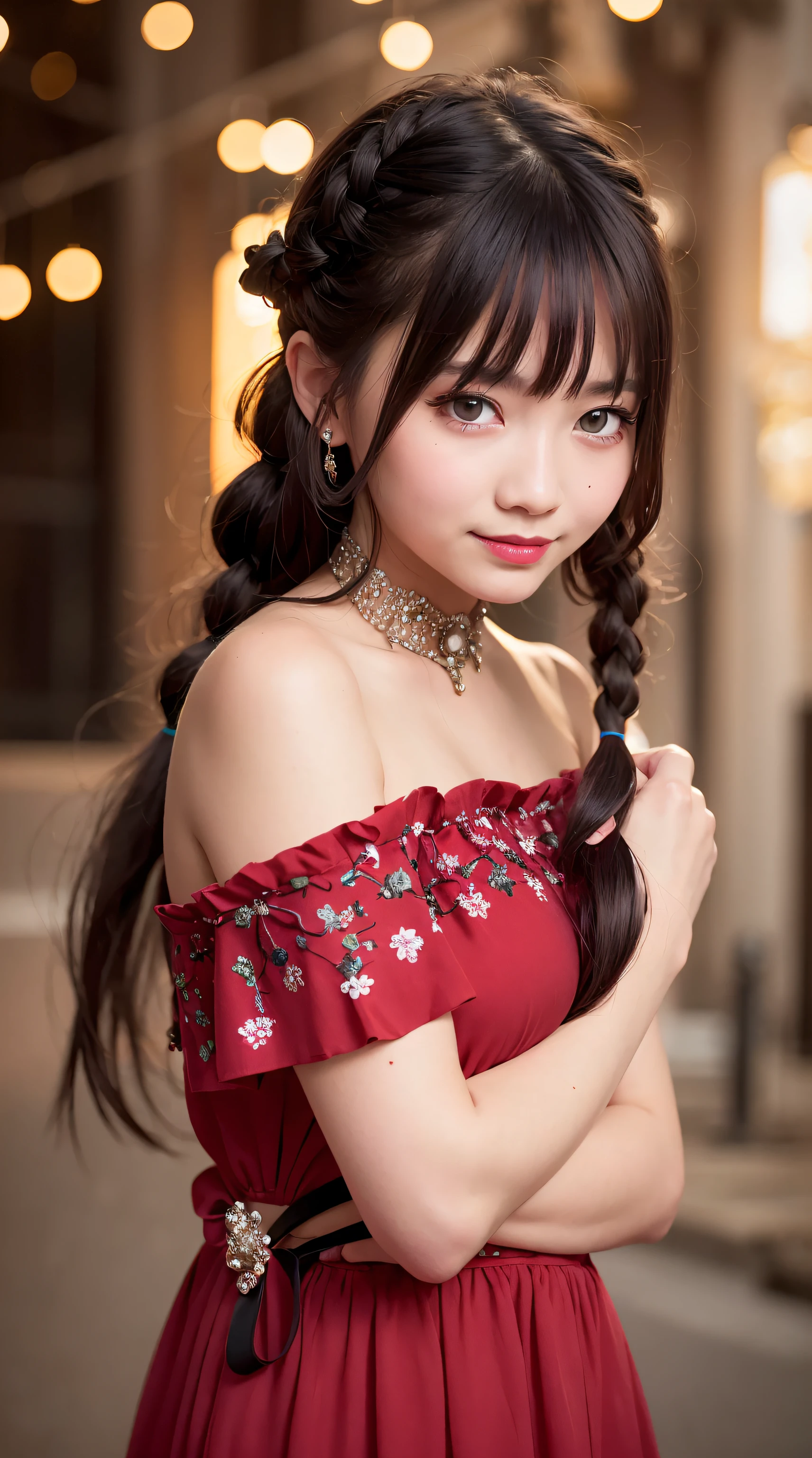 best quality, masterpiece, ultra high res, RAW, 8k, ultra-realistic, young girl, offshoulder, smile, cute, girl, chinese, natural light, detailed skin, (black hair:1.4), red lipstick, (Bangs:1.2), ((Lantern-Rite Background)), extremely beautiful eyes, (dark eyes:1.4), long skirt, flower, twin braids, beads, red dress