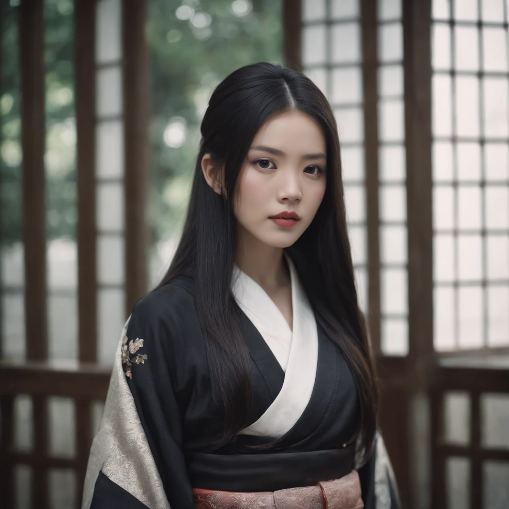 gothic kimono girl with black long straight hair, photorealistic, portrait, japanese, film