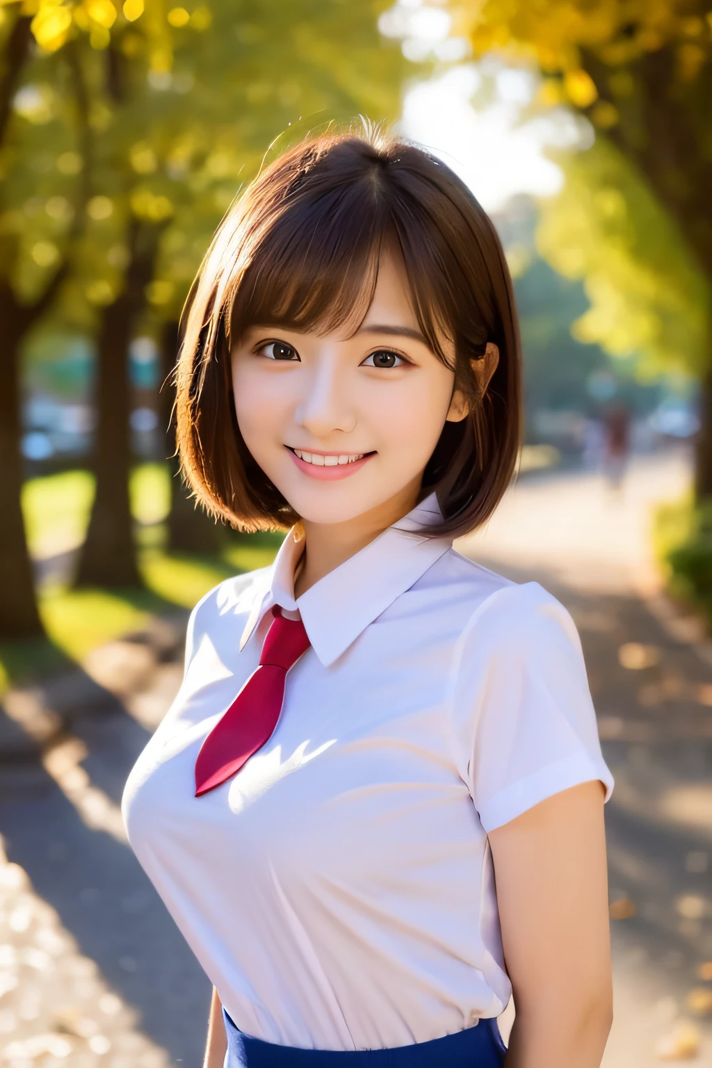 top-quality、ultra-detailliert、masterpiece、realisitic、Photo Real、one girls、(Cute 17 year old girl、small head)、(kawaii:1.2)、huge smile、(Brown hair、Short bob hair)、eyes are brown、perfect glossy skin、((A slender))、((Perfect body))、model poses、accurate depiction、in school uniform、white shirt、Blue skirt、Red tie、large full breasts、Bright lighting、Sunnyday、a park、Blur the background